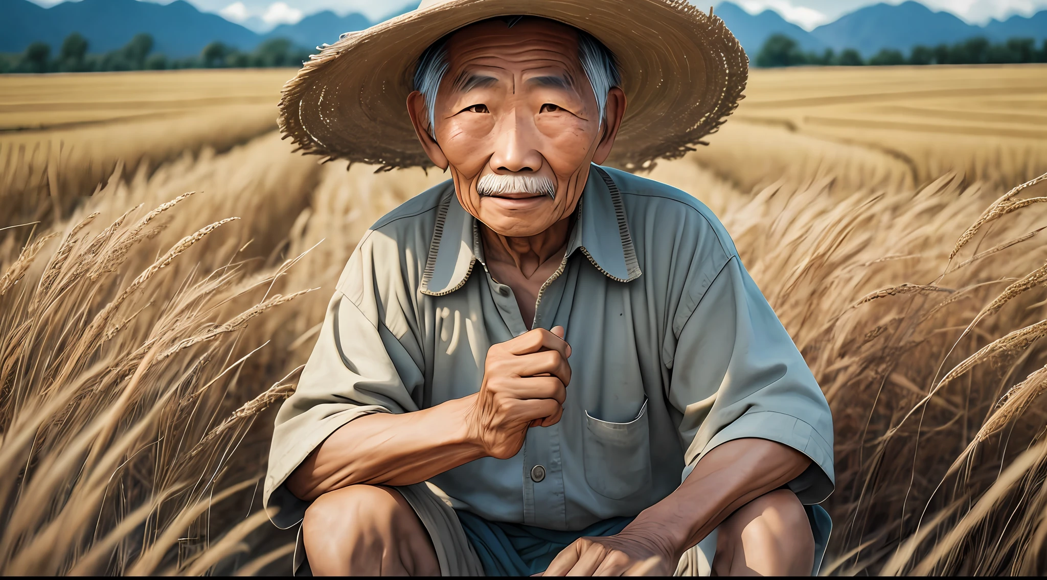 Masterpiece, an old Chinese farmer with a wrinkled face, gray hair, sitting in a golden rice field with ripe rice on a very hot day, meditating, blue sky, white clouds, the sun violently shining the earth, the distant wind blowing through the rice field, golden rice like ocean waves, rural photography, super detail, film photography, warm colors, sharp focus, super fine skin, professional color grading, raw photos, cinematography, vibrant details, super high quality, (realism: 1.37), Canon EOS 5D Mark IV and fujifilm Superia X - TRA 400 film --auto --s2