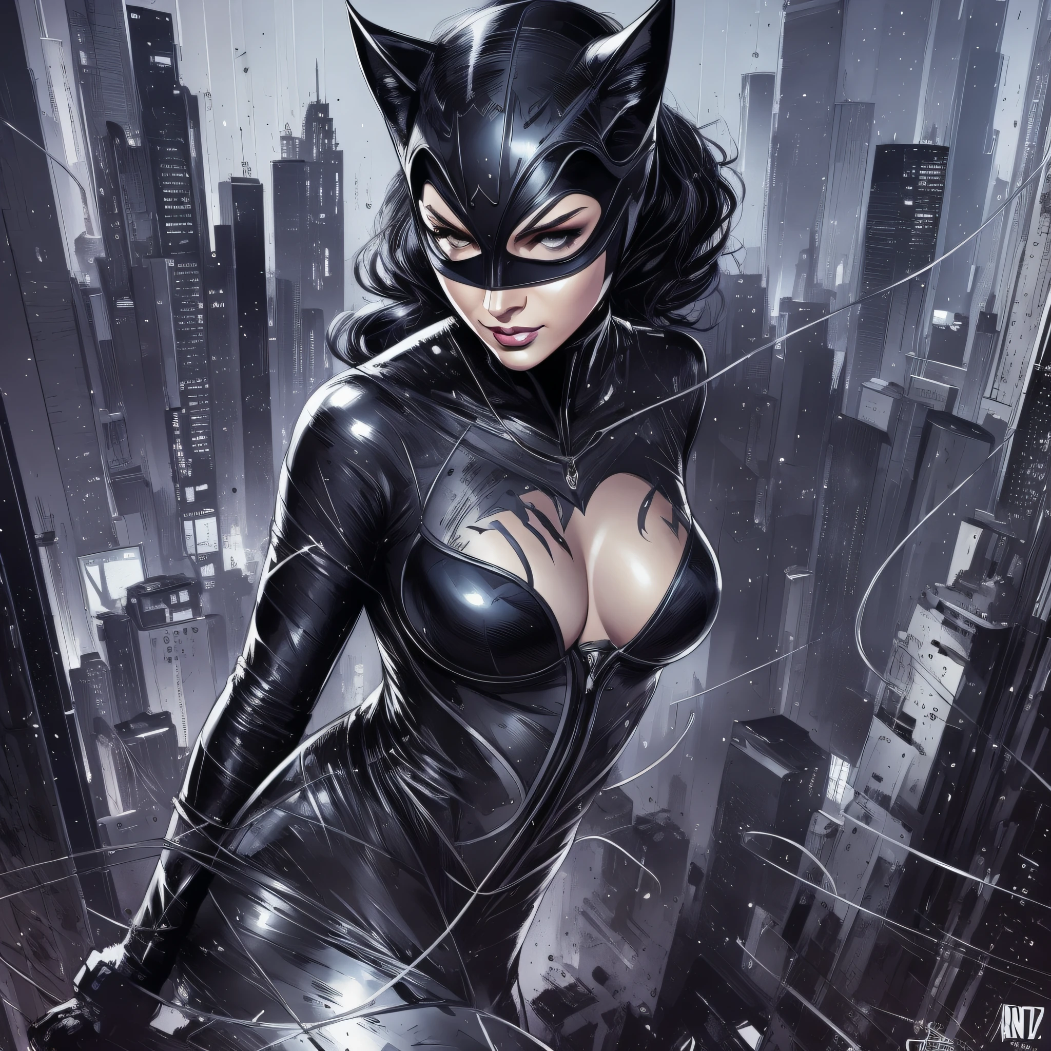 Cute Catwoman black and silver abstract beauty, centered, looking at the camera, approaching perfection, dynamic, moonlight, highly detailed, digital painting, artstation, concept art, smooth, sharp focus, illustration, art by Carne Griffiths and Wadim Kashin --auto --s2