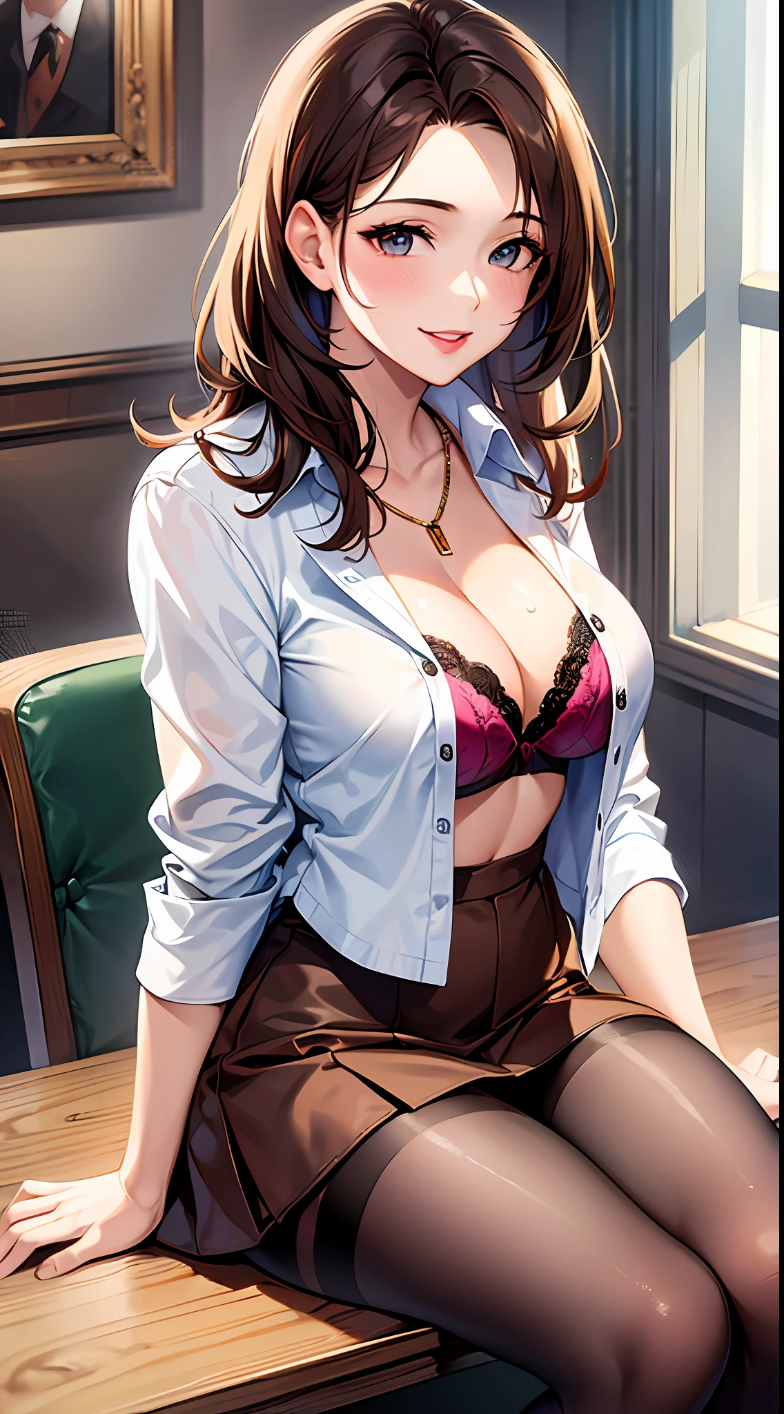 1girl, masterpiece, best quality, medium full shot, medium brown hair, (mommy, open shirt, sexy lipstick, cleavage, bra, sitting), tight skirt, pantyhose, sitting on desk, smiling