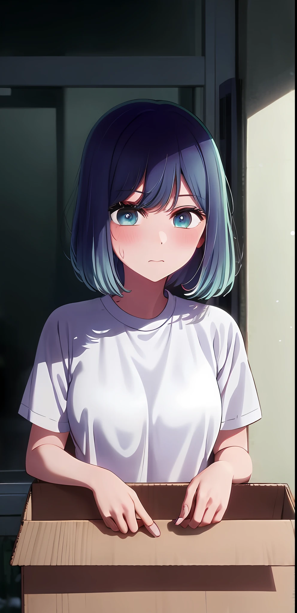 in container, 1girl, solo, blue hair,blue eyes, shirt,  blush, sitting, white shirt, snowing, bangs, closed mouth, short sleeves, snow, full body, sitting ,(box:1),in box,looking at viewer, medium breast, blushing, sweating , tag on shirt, post card, heart, hand peace sign, surprised face, laying down