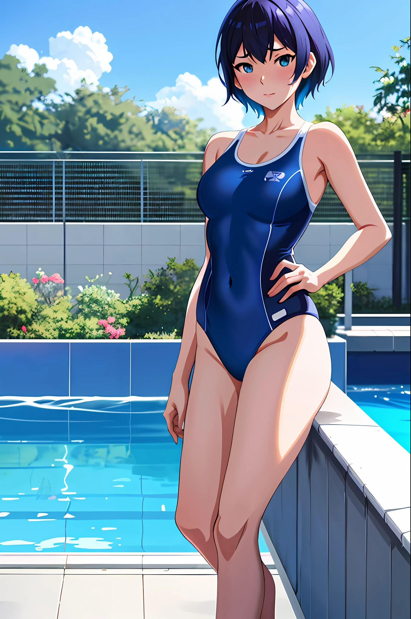 anime girl in a blue swimsuit leaning over a pool, smooth anime cg art, ilya kuvshinov. 4 k, wallpaper anime blue water, clean detailed anime art, 4 k manga wallpaper, [ 4 k digital art ]!!, is wearing a swimsuit, makoto shinkai and artgerm, anime moe artstyle, next to a pool