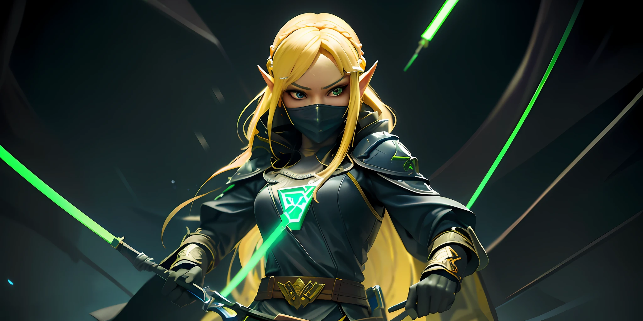 a close up of a person with a sword and a mask, portrait of zelda, a blonde emerald warrior, artgerm and atey ghailan, zelda with triforce, 3 d render character art 8 k, extremely detailed artgerm, backveiw picture of elf rogue, fanart best artstation, portrait of princess zelda