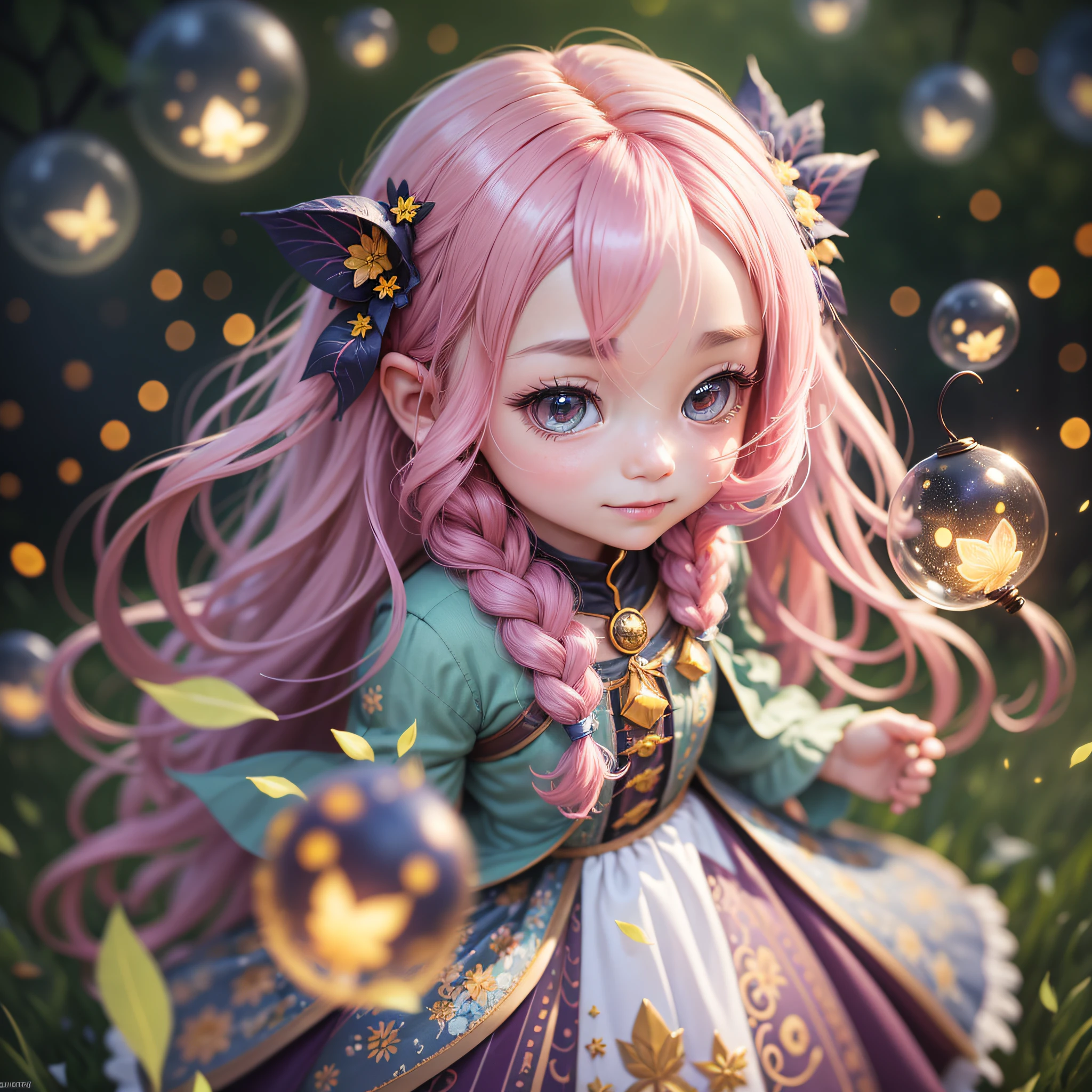 blurry foreground, close-up, from above, bokeh, f/1.2, cinematic lighting, Mannerism, textured skin, UHD, masterpiece, retina, highres, award winning, best quality, high details, super detail, Night time, night light. a Chibi from Sky: Children of Light, vibrant warm smile, white nice teeth, long strand pink hair, featuring vibrant colors and whimsical details, evoking a sense of wonder and magic. The color temperature is cool, very dark nighttime, standing in a herd of glowing beautiful fireflies that are lighting her up, while the Chibi wears a joyful expression. Soft lighting accentuates the character's charm and innocence. --v 5 --stylize 1000, fireflies, dynamic lighting, park, flowers, green grass, cute frock, glowing particles, glowing fireflies, dreamlike, dreamworks , magical world, --auto --s2