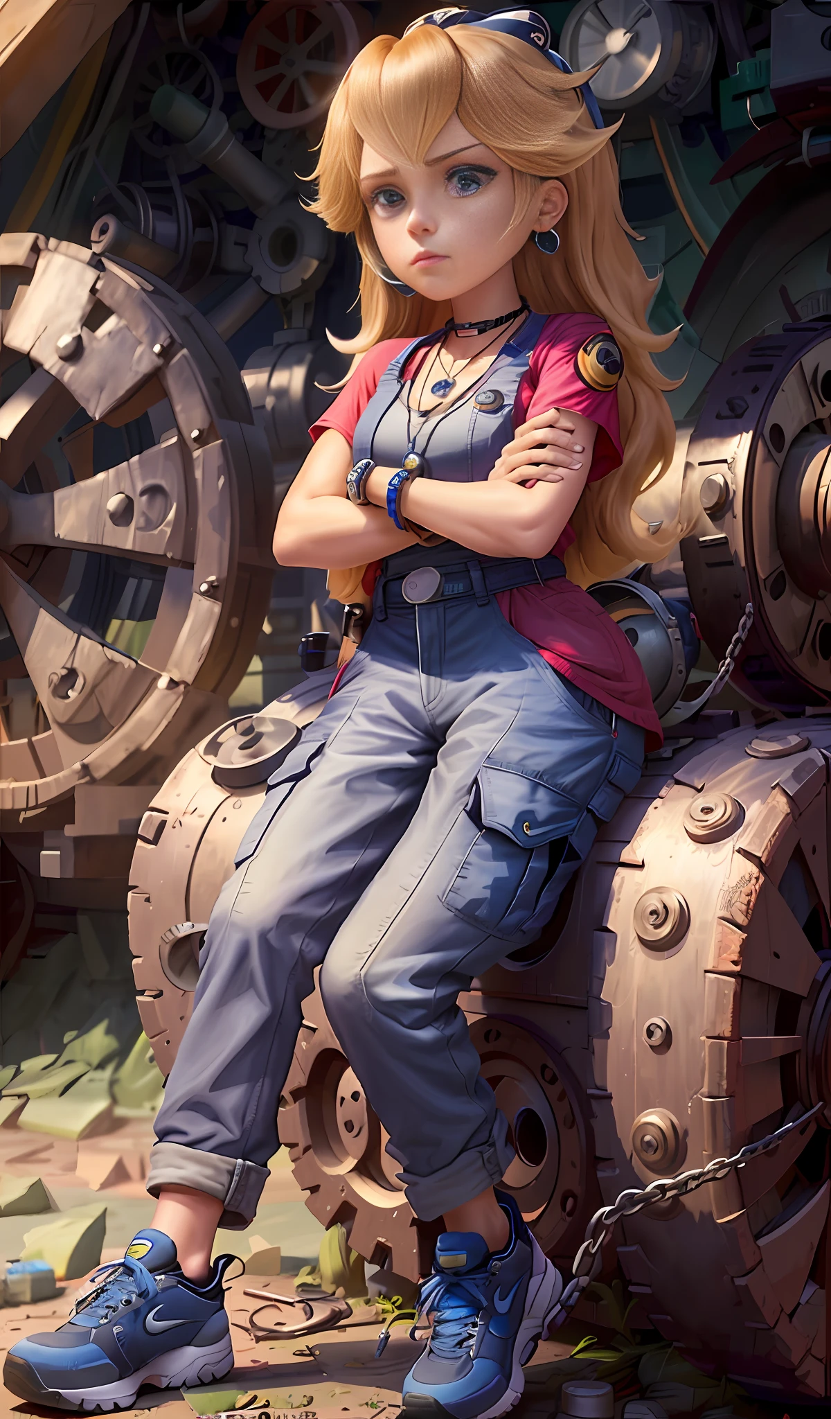 4K, charismatic, workshop girl, she is a mechanic, baggy pants with many pockets, navy theme, wavy hair, full body, wears Nike shoes, necklace, wears many bracelets, holding a wrench