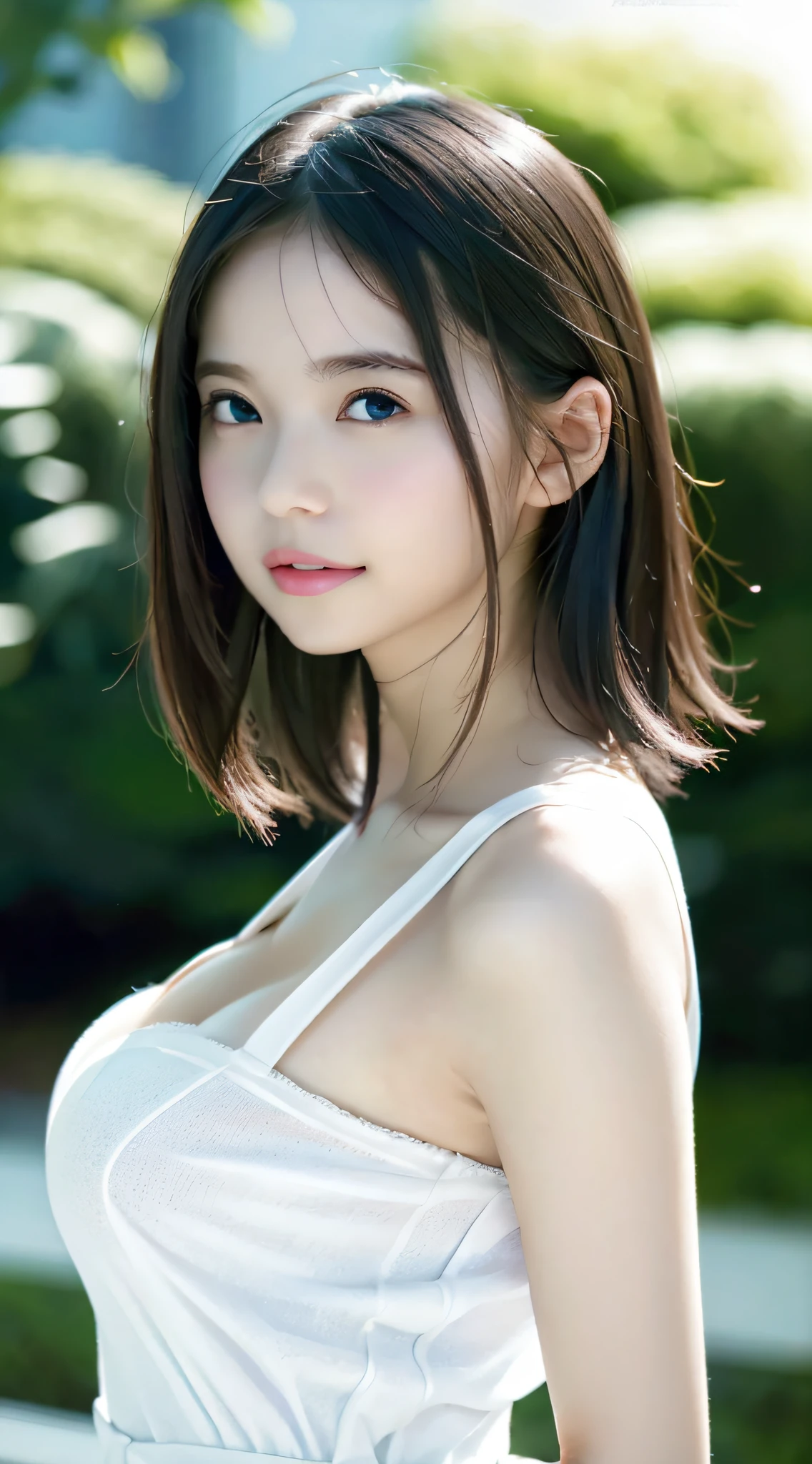 Top quality, white skin, real human skin, (detailed), oval face, pores, ultra high resolution, (8k, RAW photo, photorealistic: 1.4), 1 girl, slim, (who looks with calm and goddess-like eyes) happiness: 1.2), (lip gloss, eyelashes, gloss face, highest quality, ultra high resolution, wide lighting, natural shading), taken from the side, huge breasts, White camisole, full body, standing figure, body turned sideways and face turned forward, hands behind back, beautiful constriction, slender, short hair, smile, sagging eyes, double eyelids, Japan person, library