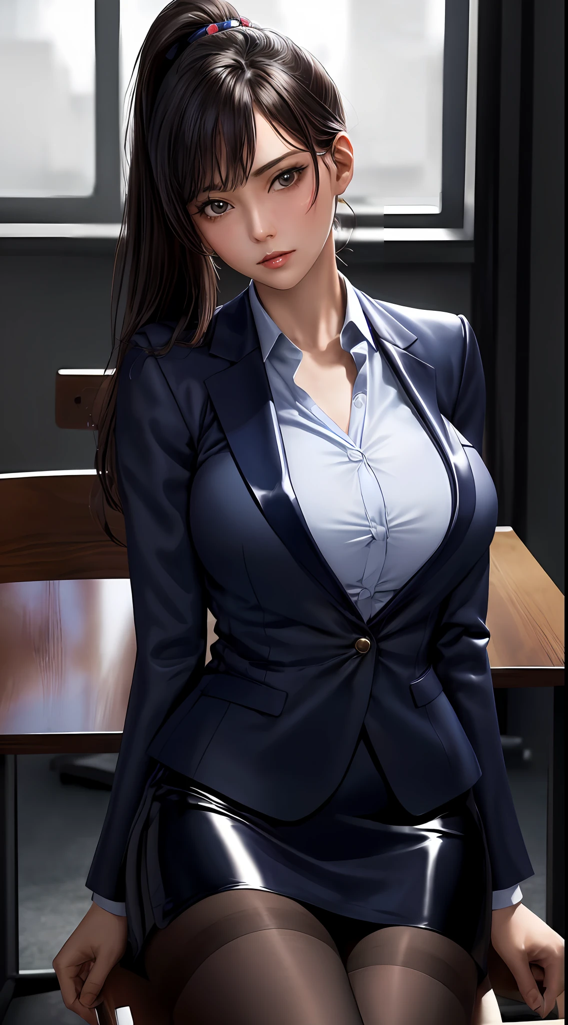 photo of a office lady, fair skin, ((open-chest seduction)), (loose:1.3)navy blue blazer, ((looking at away)), patent leather mini skirt, sitting, , meeting room, beautiful detailed face, smooth skin, detailed skin, skin pores, brown high ponytail, (nsfw:1.25),