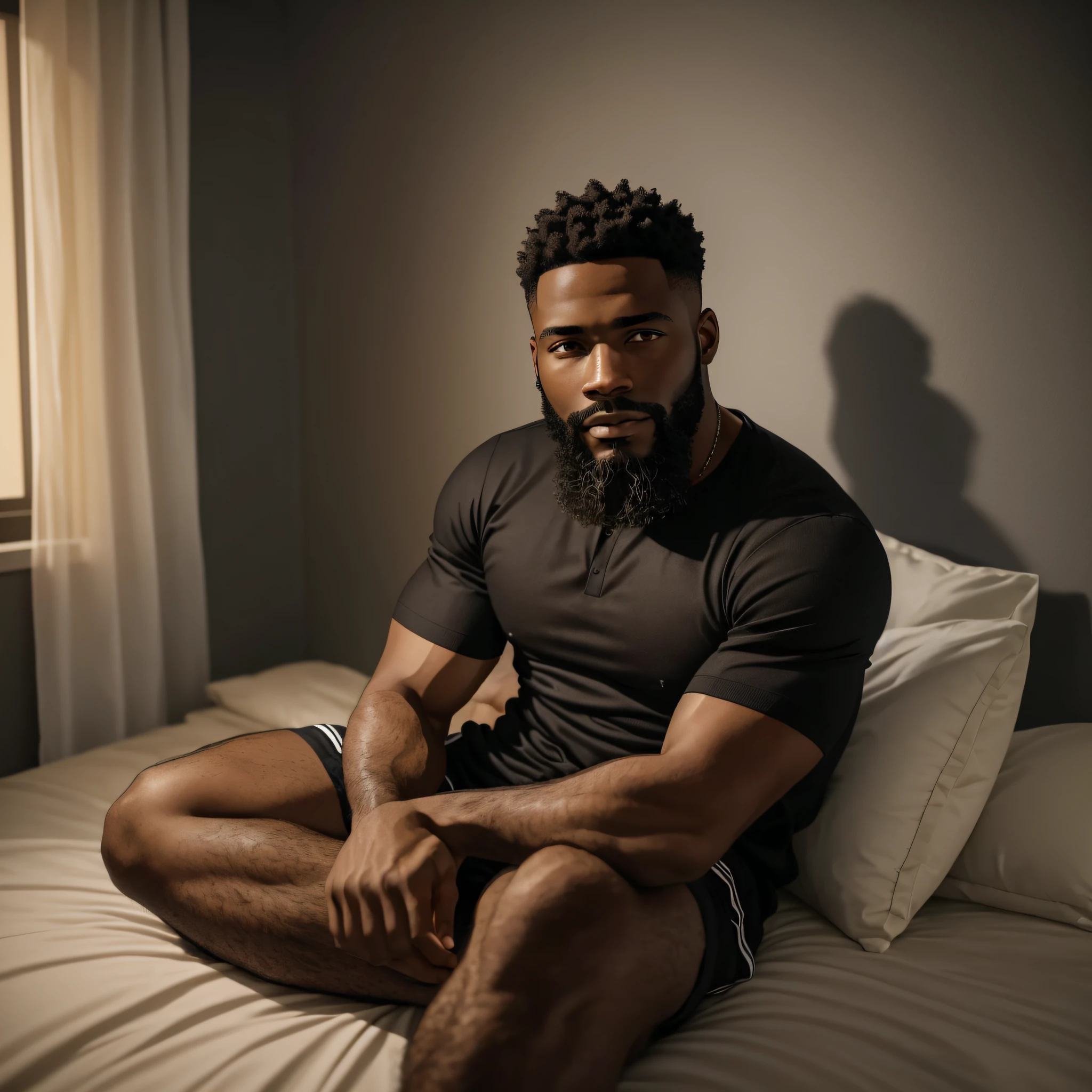 Realistic black man, 26 years with a beard low short hair sitting on the bed in his room at night --auto --s2