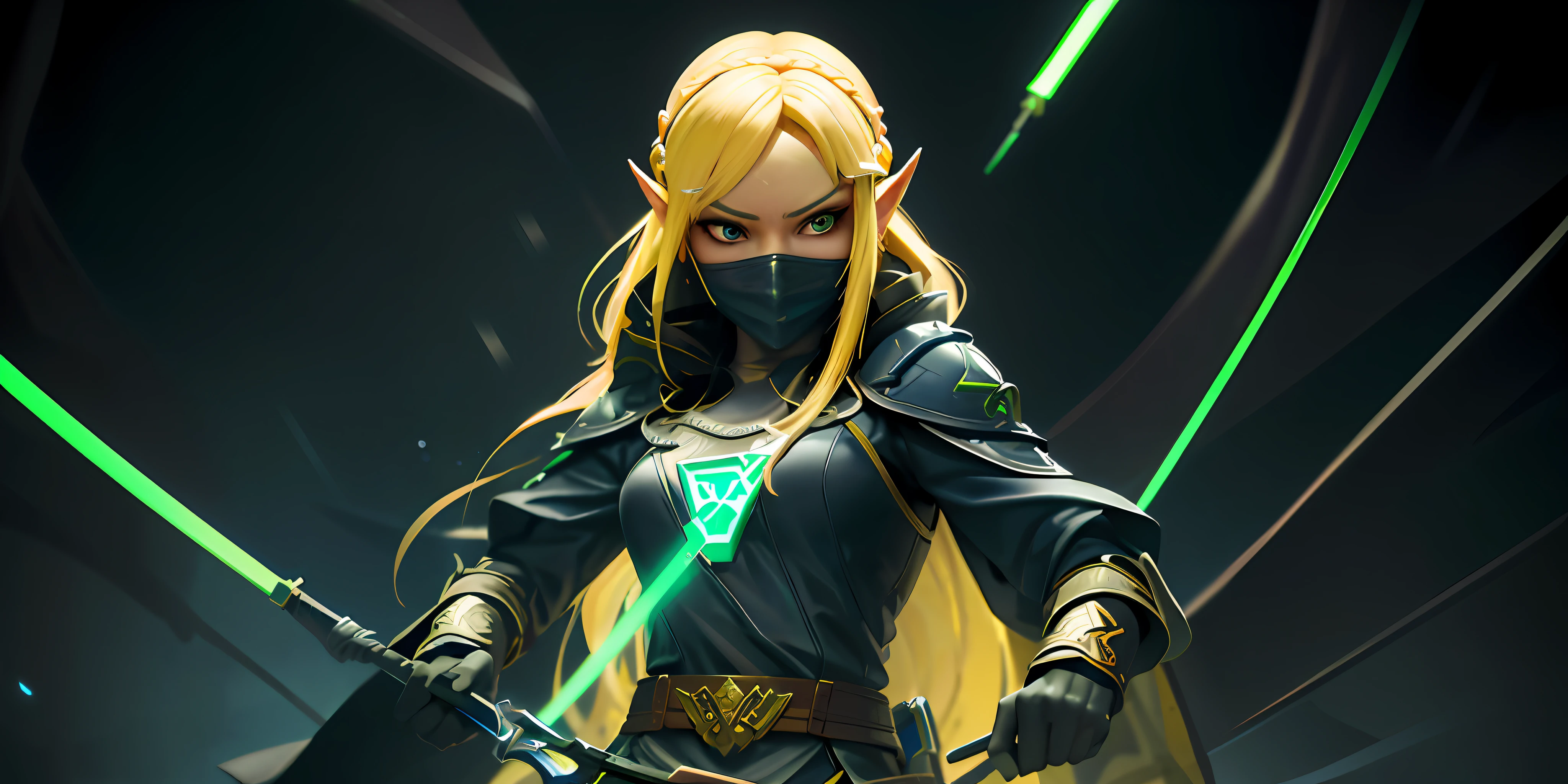 a close up of a person with a sword and a mask, portrait of zelda, a blonde emerald warrior, artgerm and atey ghailan, zelda with triforce, 3 d render character art 8 k, extremely detailed artgerm, backveiw picture of elf rogue, fanart best artstation, portrait of princess zelda