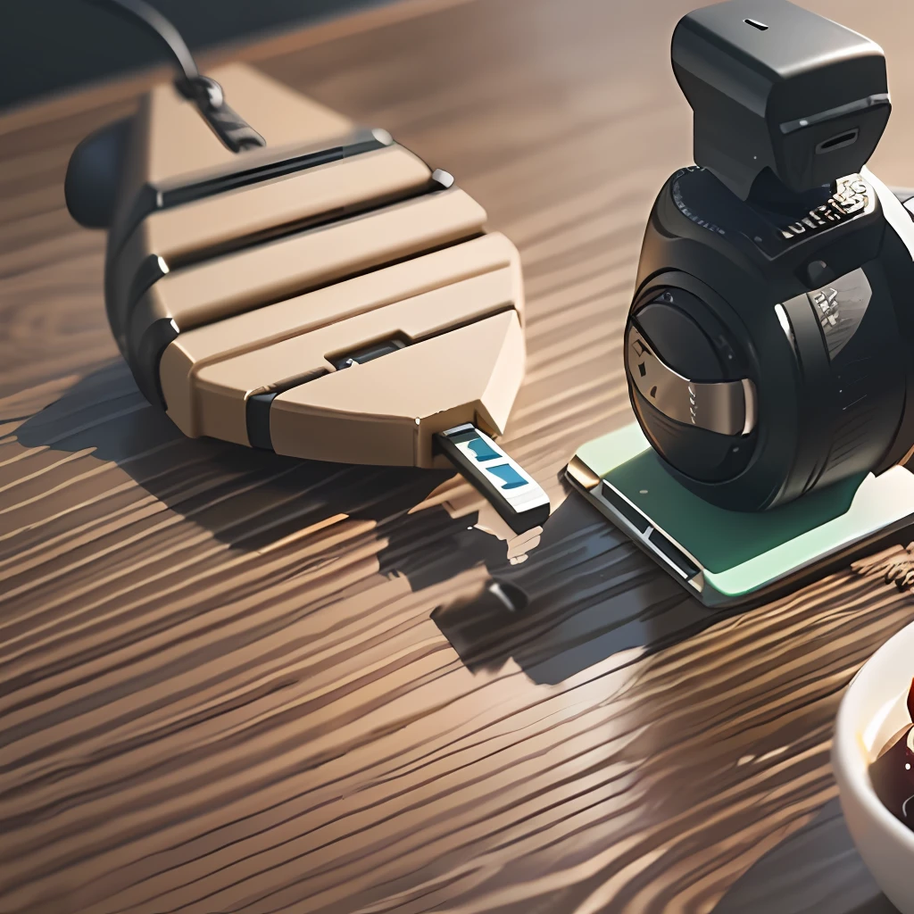 The USB stick is placed on the table A little close-up, give a close-up, with a little table decoration around it