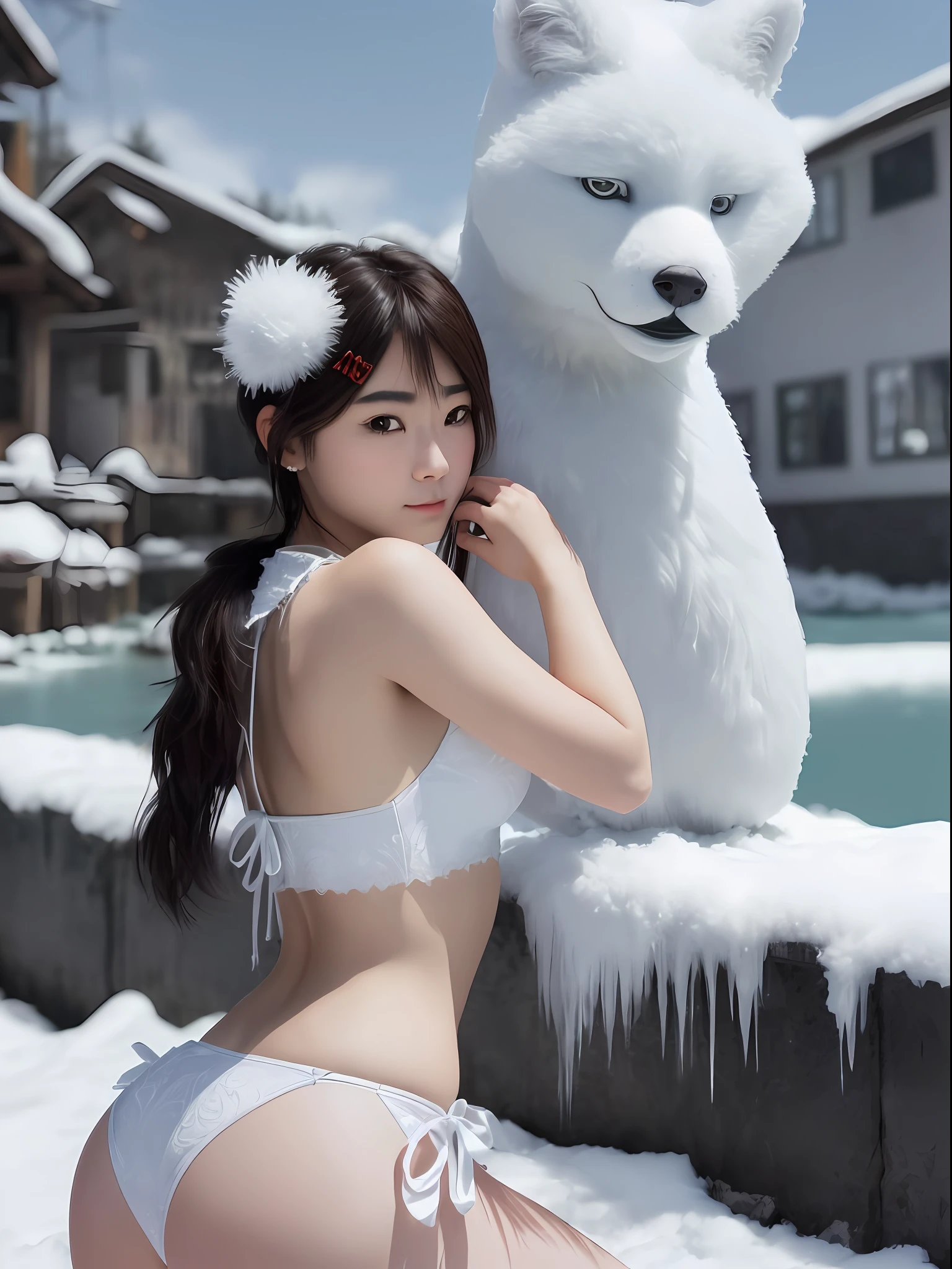 (Fusion of tradition and modernity: 1.3 + cold: 1.2+ beautiful: 1.2+ natural femininity: 1.2+ pure white fur + firmness: 1.1+ ice and snow lake + white world, wide shot), (ultra-detailed: 1.2+ extremely detailed CG unity 8k wallpaper + best quality + best illumination + best shadow+ Extreme HD: 1.2), (Girl, 1girl: 1.2),