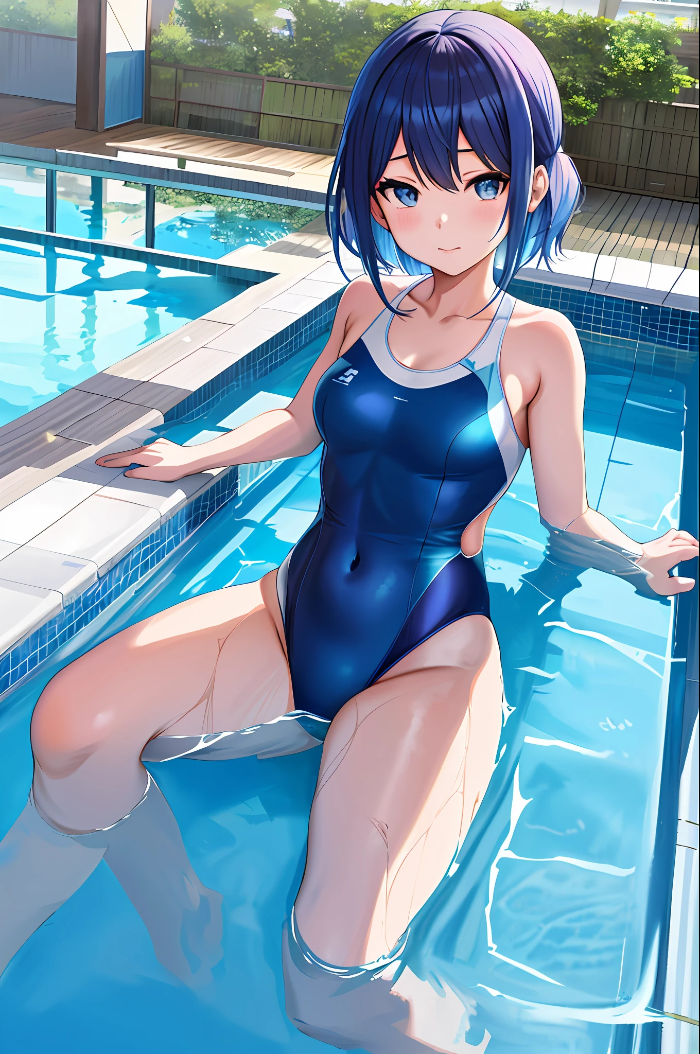 anime girl in a blue swimsuit leaning over a pool, an anime drawing by Shitao, pixiv, shin hanga, smooth anime cg art, ilya kuvshinov. 4 k, wallpaper anime blue water, clean detailed anime art, 4 k manga wallpaper, [ 4 k digital art ]!!, is wearing a swimsuit