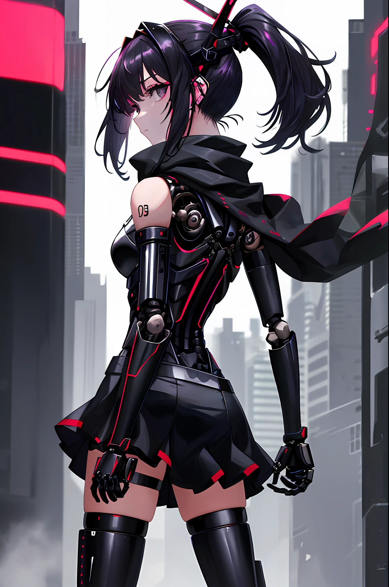 Absurd, very accurate details, highly detailed 8K wallpaper, (transcendent beautiful girl: 1.5), ponytail, from back to shoulder, from side, side focus, exoskeleton spine, bodysuit, rest, (mechanical joints, mechanical limbs: 1.3), headgear, rest, break, dynamic angle, (look back: 1.5), scarves, miniskirts, cyberpunk, devastated world,