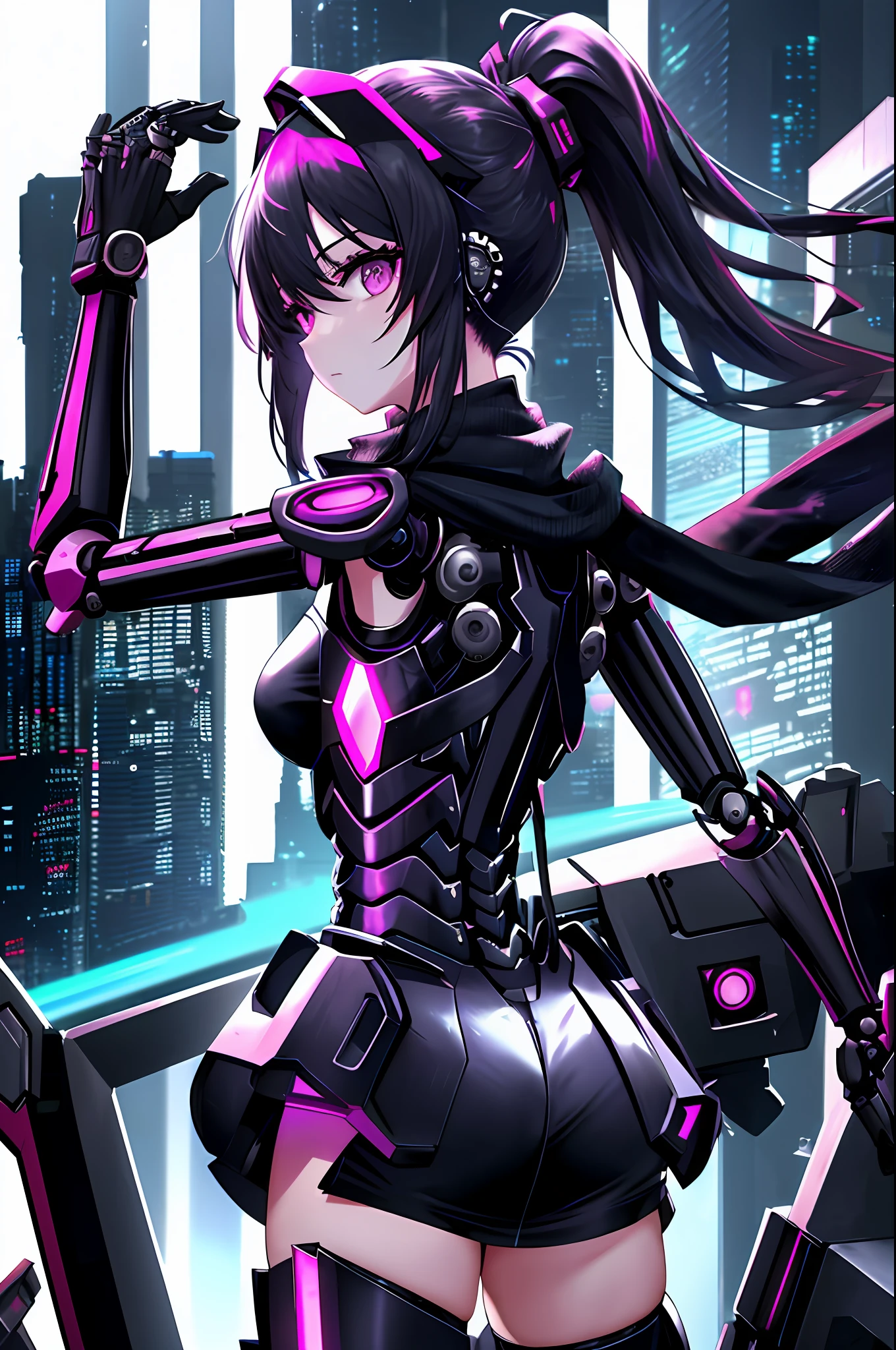 Absurd, very accurate details, highly detailed 8K wallpaper, (transcendent beautiful girl: 1.5), ponytail, from back to shoulder, from side, side focus, exoskeleton spine, ????????, rest, (mechanical joints, mechanical limbs: 1.3), headgear, rest, break, dynamic angle, (look back: 1.5), scarves, miniskirts, cyberpunk, devastated world,