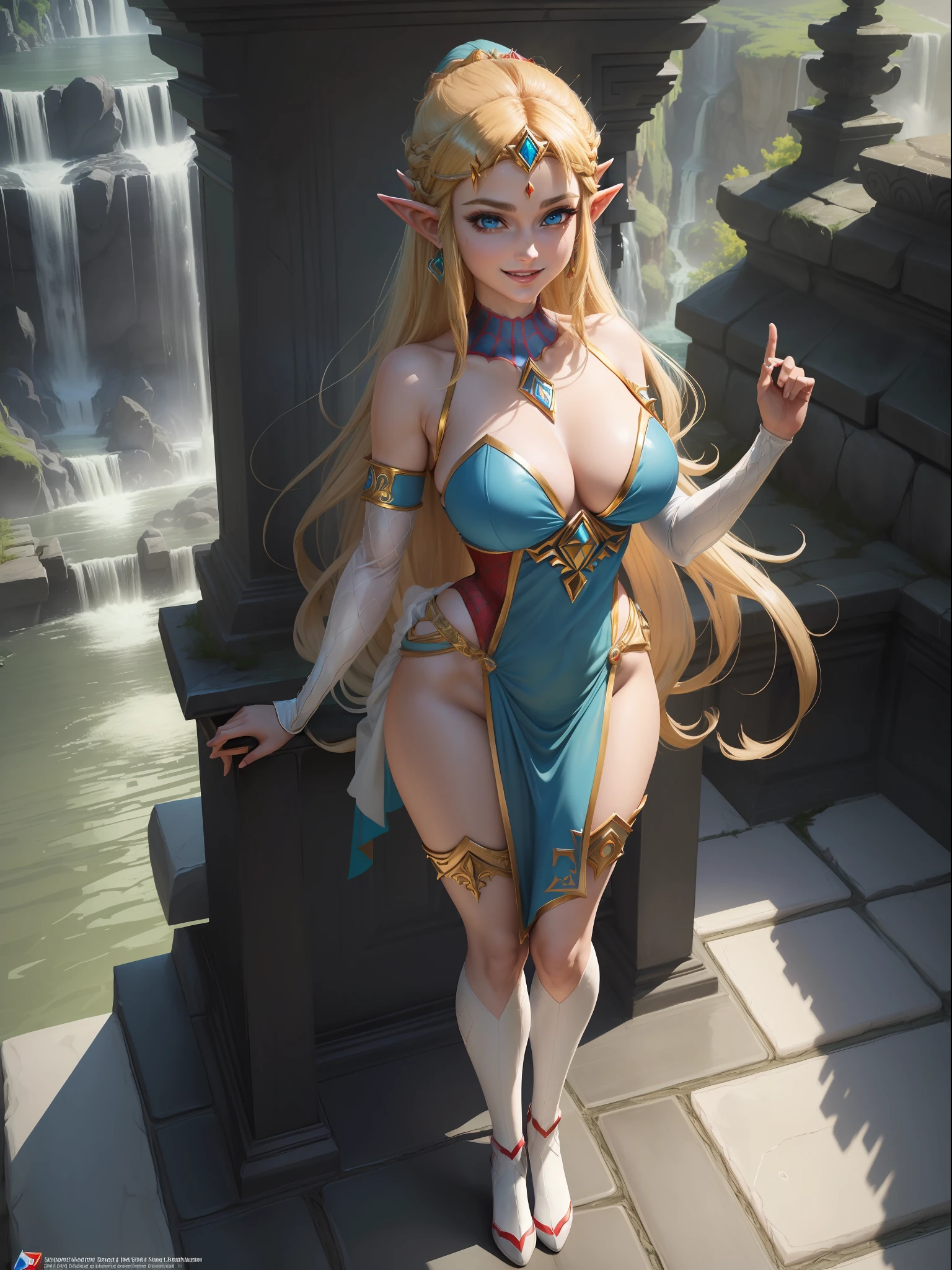 (full body photo:1.5), (Princess Zelda, standing, standing, alone:1.5) ,(large breasts:1.5), (wearing the costumes of Spider-Man/extremely tight on the body:1.5), (she is inside a temple with several waterfalls and white marble pedestals:1.5), she has (blue eyes, dark green mohawk hair:1.5), (is smiling, looking at the viewer. exhibitionist pose:1.5), anime style, 16k, best quality, high details, textured skin, UHD, retina, masterpiece, anatomically correct