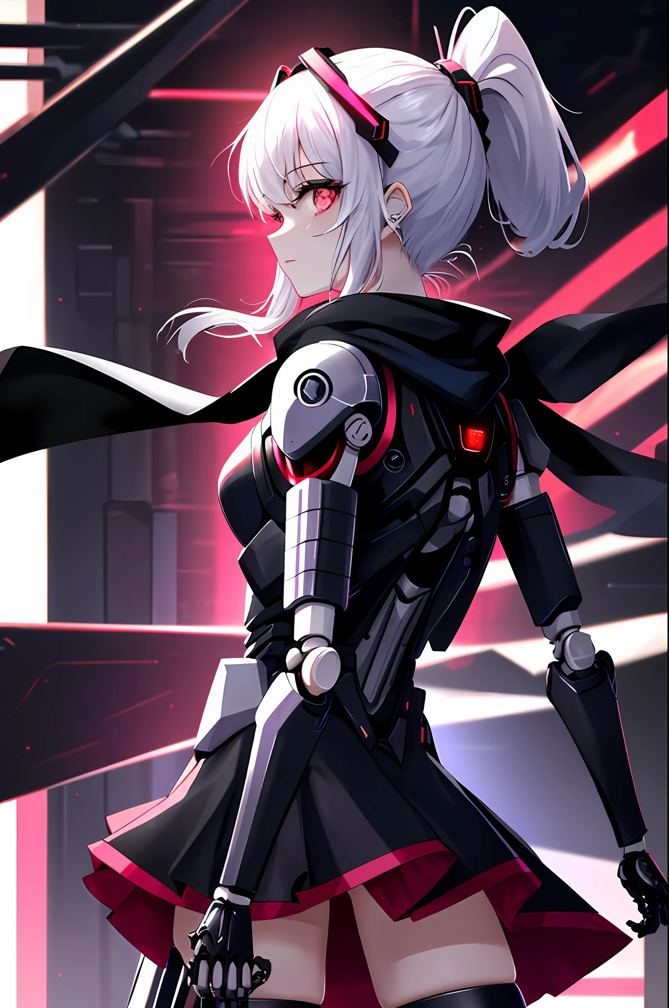 Absurd, very accurate details, highly detailed 8K wallpaper, (transcendent beautiful girl: 1.5), ponytail, from back to shoulder, from side, side focus, exoskeleton spine, bodysuit, rest, (mechanical joints, mechanical limbs: 1.3), headgear, rest, break, dynamic angle, (look back: 1.5), scarves, miniskirts, cyberpunk, devastated world,