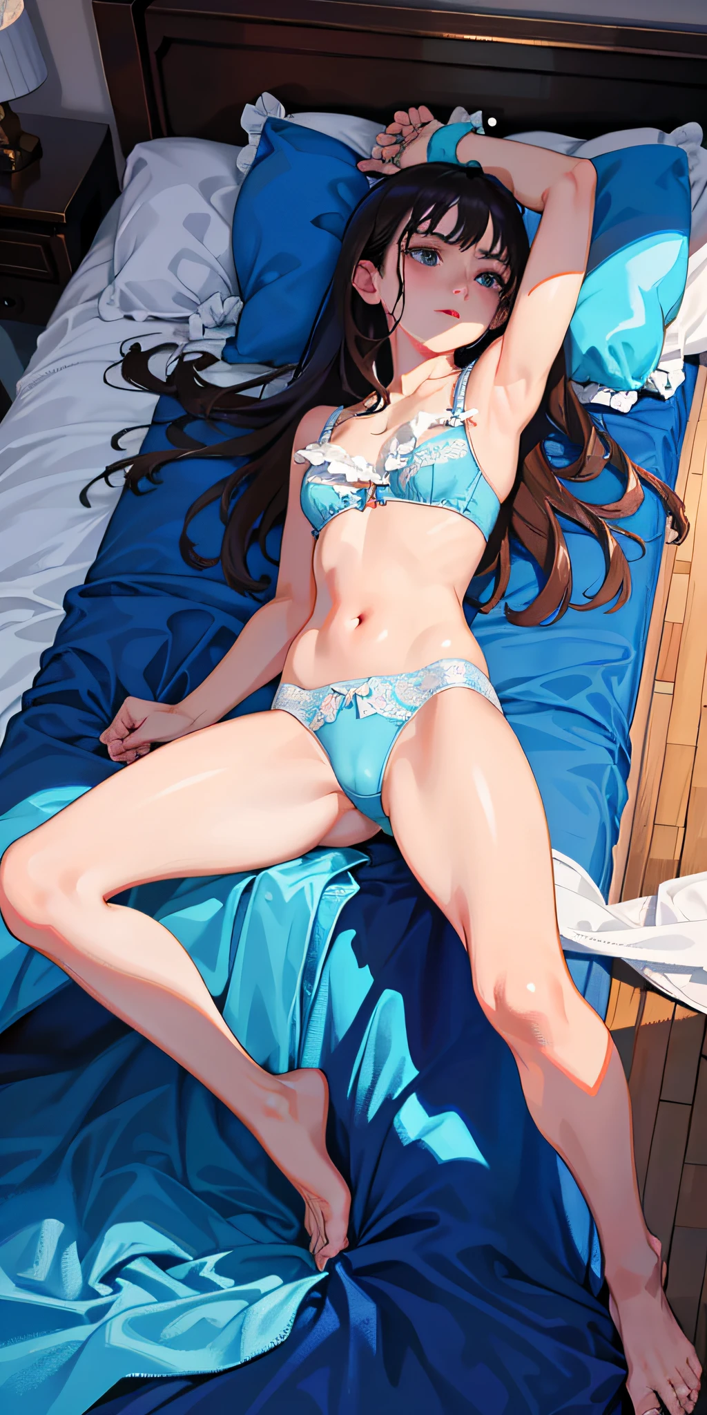 masterpiece, top quality, high resolution, solo, small, indoor, see-through, misaligned bra, side tie t-back, lying down, from above, open arms, anger, bed, disheveled underwear, rough breath, sexual expression