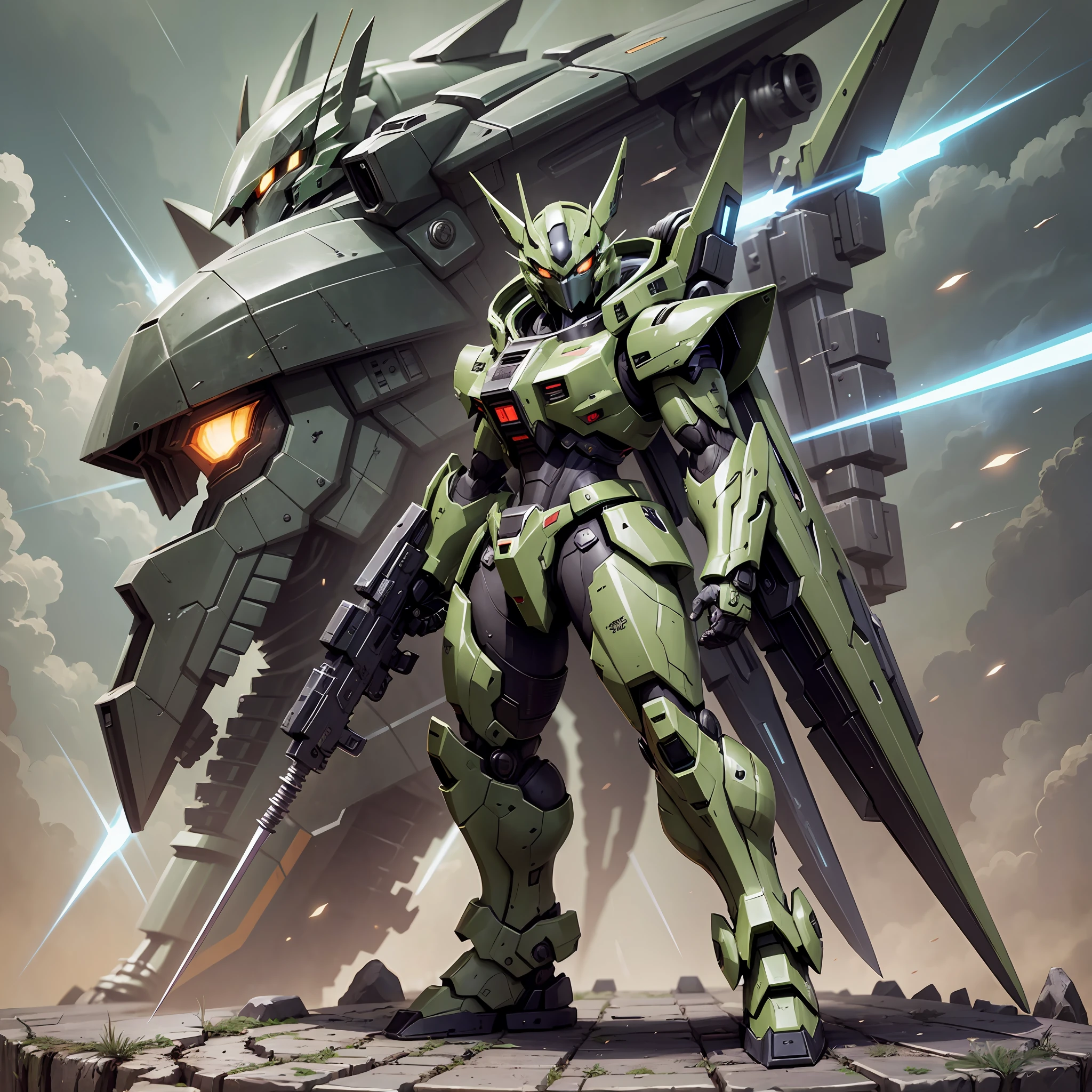 black, Green, hood, mecha, Double knife, laser, dexterous, Wide shoulders, tiny waist, long leg, armored, FULL body, Gundam, Ghibli-like colours, high detail, anime style, anime, drop shadow, tachi-e, reference sheet, character chart, three sided view, from side, sideways, UHD, masterpiece, ccurate, high details, high quality, best quality --auto --s2