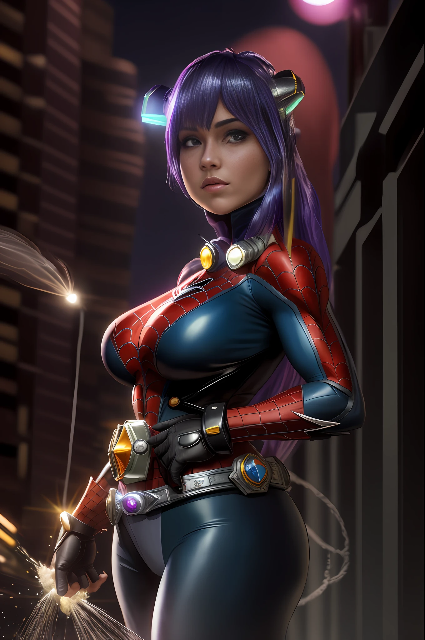 ((character centered in image)), Image with full resolution/quality/sharpness/, Unreal Engine 5/Power Rangers/Tokusatsu/Mortal Kombat/Super Metroid, Cartoon/Disney/Dragon ball/Style, ((1/Woman/big breasts1/helmet/belt/Mega Man-X/Kamen Rider/Spiderman)), mohawk long hair, looking at the viewer, pose, City at night shower strongly.