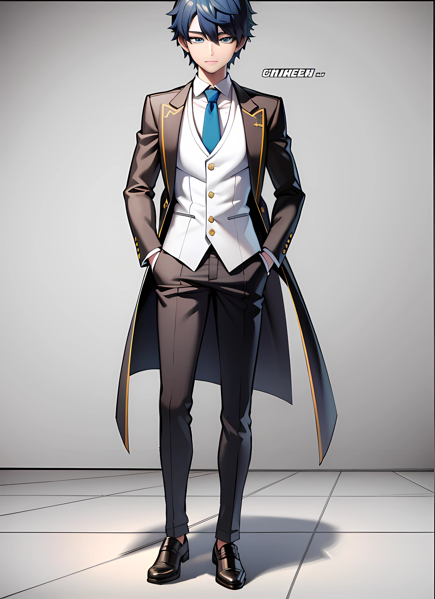 Full Body Vtuber, Full Body Portrait, Clear Face, Best Quality Masterpiece, ((male)), looking at the audience, standing looking directly at the audience, solo, blue eyes, white sailor's suit, (dark blue hair)), Short hair, Full body portrait, ((8k , RAW photo, highest quality, masterpiece), Professional photo, (best shadow), Ultra High Definition, Cinematic Light, High Detail CG Includes 8K Wallpapers, (Full)),
