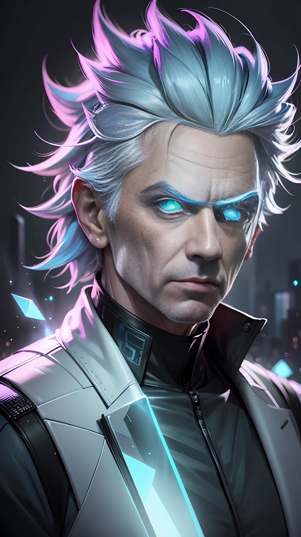 "Draw Rick Sanchez as an ultra-realist in 8k in the world of the Diamond Rush game universe, highlighting sparkling eyes and bright bluish. Focus on Rick's aging line and facial details, in a distant, dynamic view plane with epic lighting and an enhanced depth-of-field effect." --auto --s2