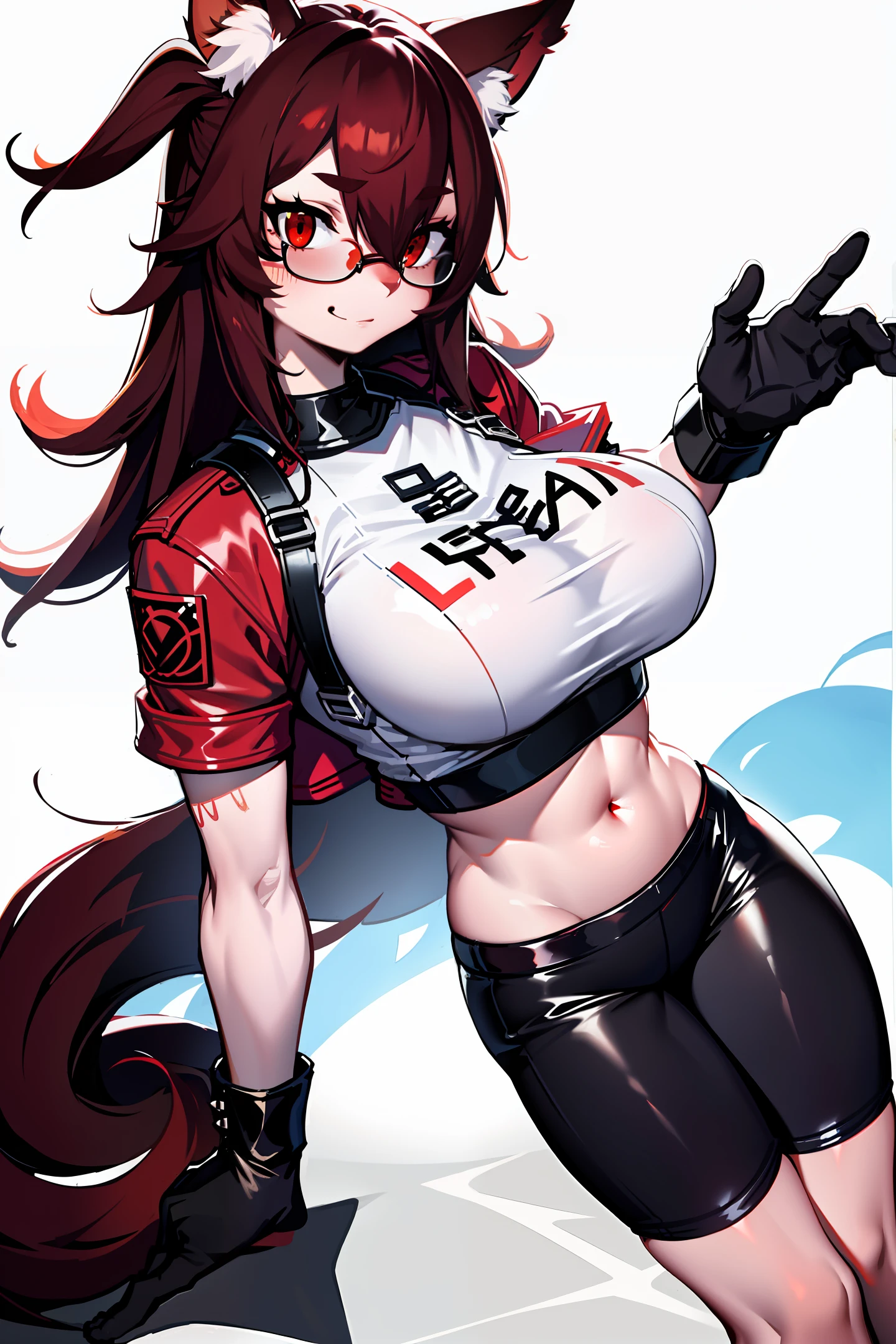 tall red female furry character with a brown snout, brown belly patch, dark red eyes with black glasses and two tails with white tips, white hands, white feet and short blue latex shorts and black crop top with flames, average brests