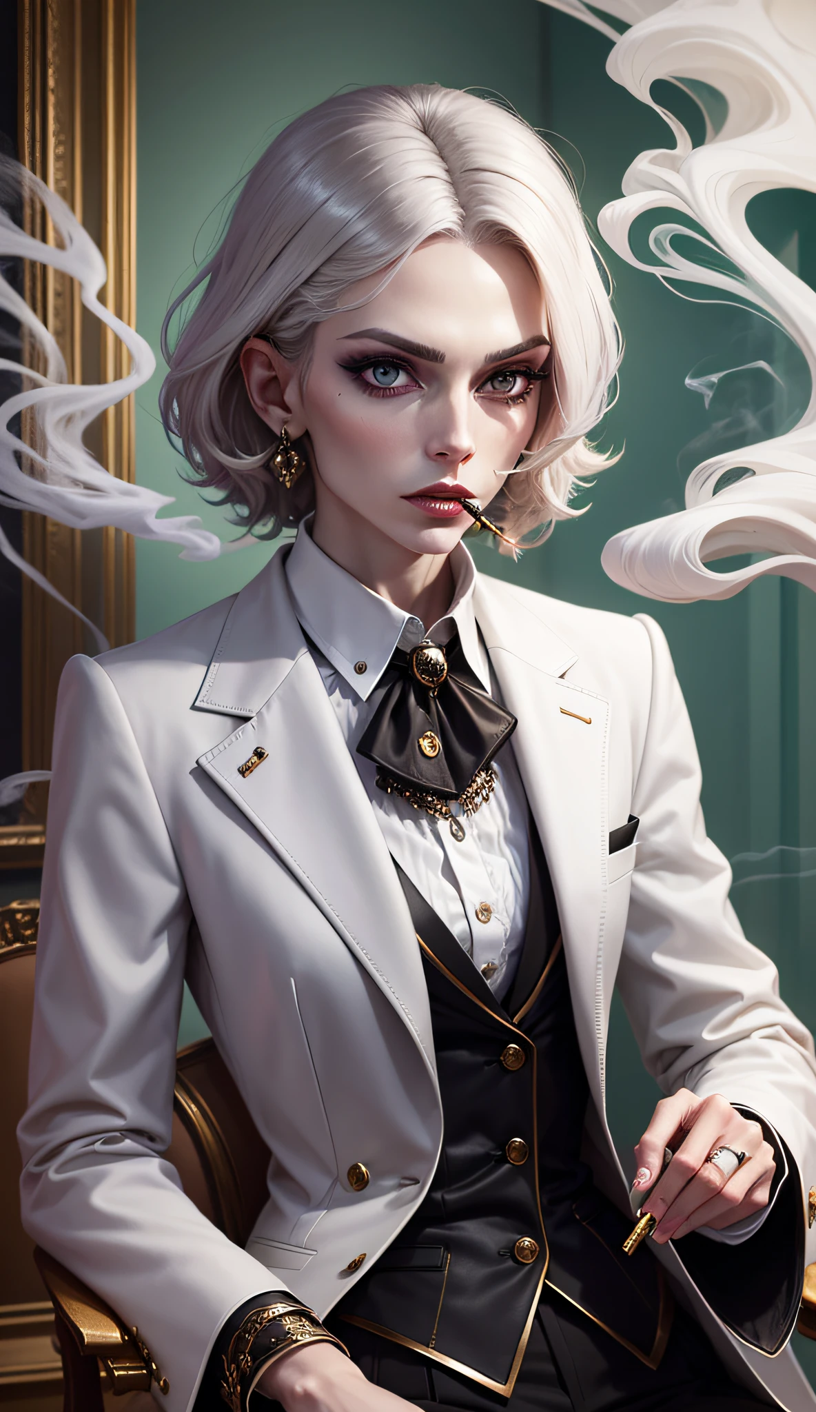 scrawny skinny hideous ugly evil white female art gallery curator wearing a gaudy suit and too much makeup, and smoking a cigarette --auto --s2