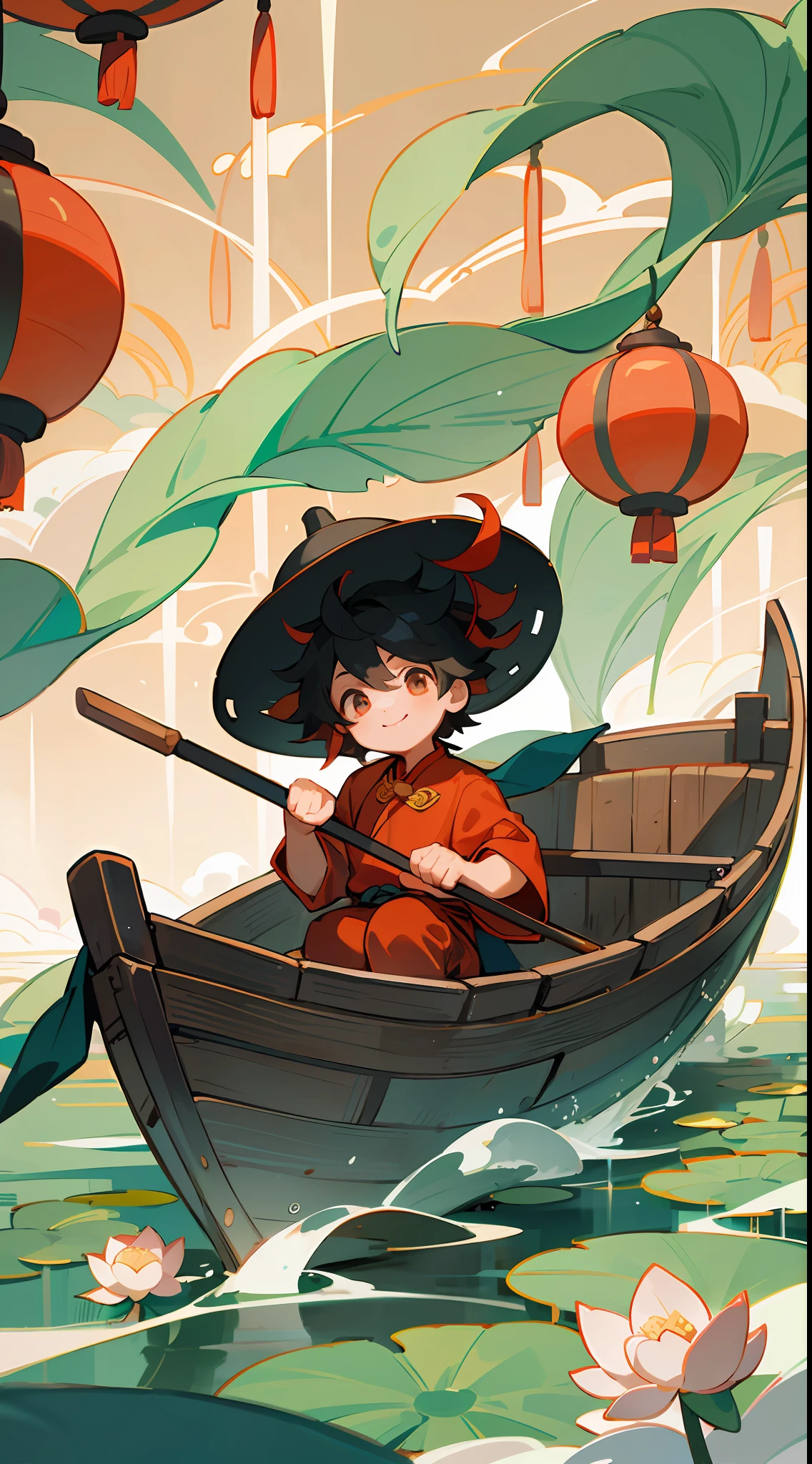 A cute boy from china,rowing a boat with a huge Chinese dragon behind him,happy smile,Chinese festivals, Dragon Boat Festival,flat illustrations, zongzi, lotus lanterns floating in the river, uper details,depth of field,ultra high definition