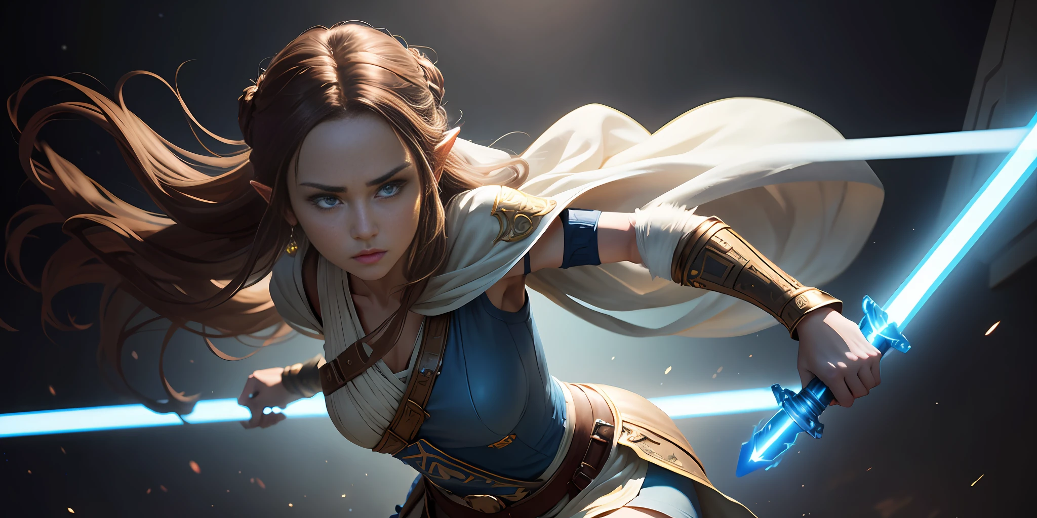 A full-body shot of Princess Zelda, brown hair, blue eyes, dressed as Rey Skywalker, 25 years old, mature, XL bust, using a blue light saber, ready to battle, fighting stance, Background: Inside a space station, Unreal Engine 5, Anime, Anime style, Masterpiece, Well drawn eyes, well drawn face, well detailed eyes, well detailed face, 8k, light and shadow effect.