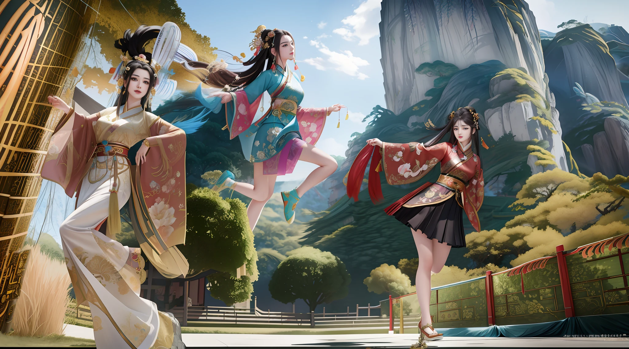 there are three women in oriental costumes standing on a stage, chinese fantasy, xianxia fantasy, fantasy photoshoot, cgsociety and fenghua zhong, beautiful digital artwork, advertising photo, movie promotional image, trending on cgstation, sha xi, palace , a girl in hanfu, official artwork, colorful rich fantasy clothing, hanfu, oriental fantasy, chinese costume