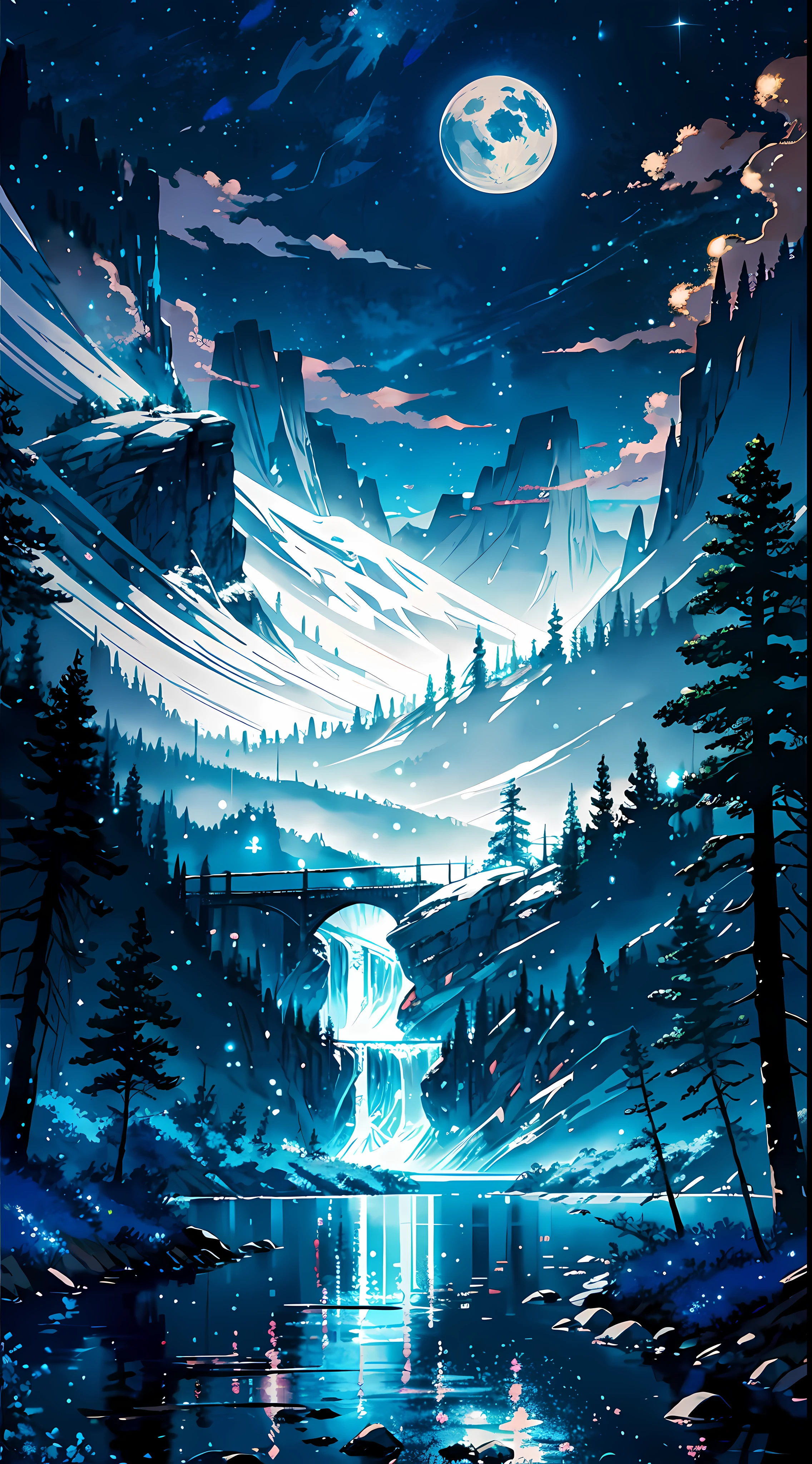 A painting of a river with stars and moon in the sky, concept art inspired by Tosa Mitsuoki, pixiv contest winner, best quality, fantasy art, beautiful anime scene, a bright moon, moonlit starry environment, dream painting, Anime Background Art, Fantasy Landscape Art, Fantasy Night, Anime Background, Background Artwork, Fantastic Art, Atmospheric Anime, Starry Sky, Detail Enhanced.