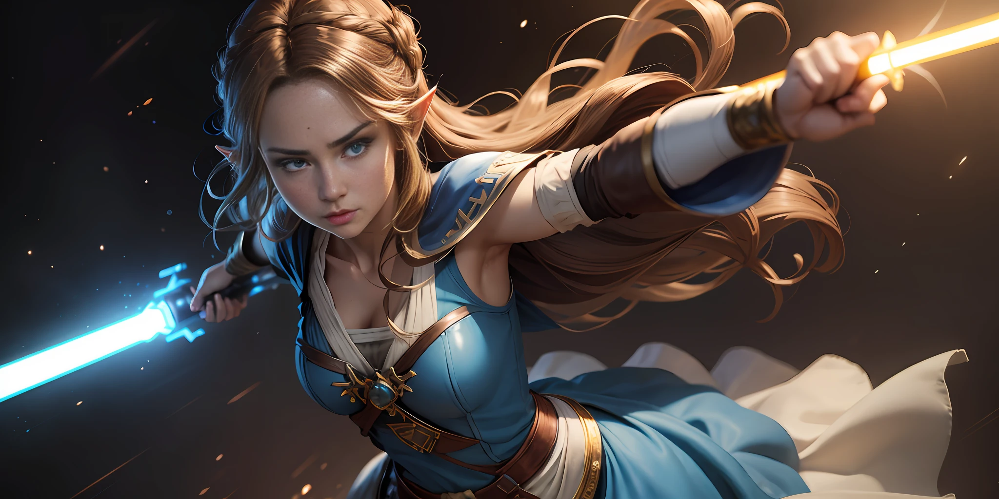 A full-body shot of Princess Zelda, brown hair, blue eyes, dressed as Rey Skywalker, 30 years old, mature, XL bust, using a blue light saber, ready to battle, fighting stance, Background: Inside a space station, Unreal Engine 5, Anime, Anime style, Masterpiece, Well drawn eyes, well drawn face, well detailed eyes, well detailed face, 8k, light and shadow effect.