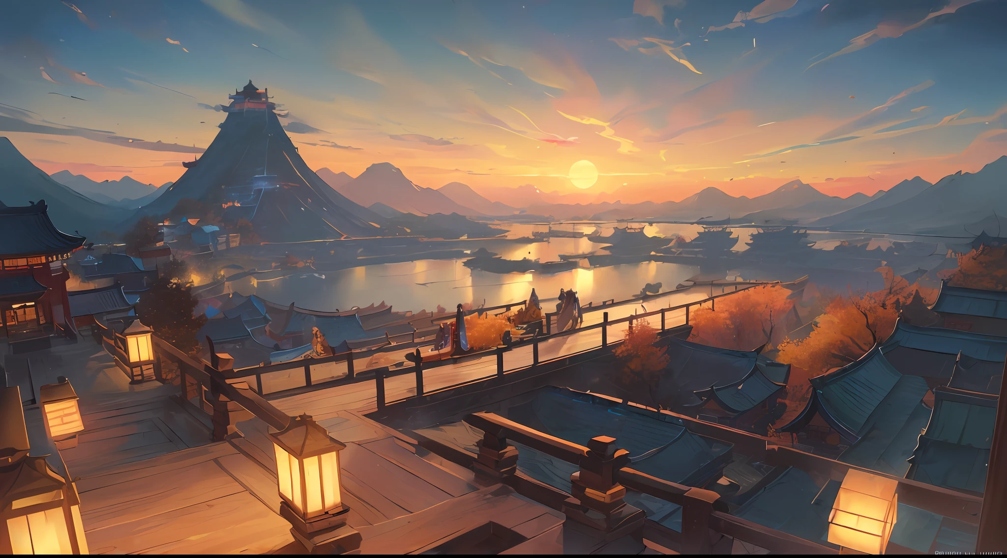 ( ( Top view, high angle view, Focal point composition) ) , Sunset Gradient, moonlit night, halo, beautiful play of shadow, light effects, (Autumn),(many raditional Chinese architecture on a floating island), there are many scattered buildings, waterfall, clouds, group of buildings, sky lanterns, high mountains, soft color, refreshing, beautiful, Chinese landscape painting, cinematic lighting, cinematic lighting, high detail, (close-up), (chiaroscuro),fine facial details,cinematic lighting, (depth of field), extreme details, realistic light, epic composition, (complex details), (super details: 1.2), Art Station, (Masterpiece, Best Quality, Ultra HD, 32k, --v6