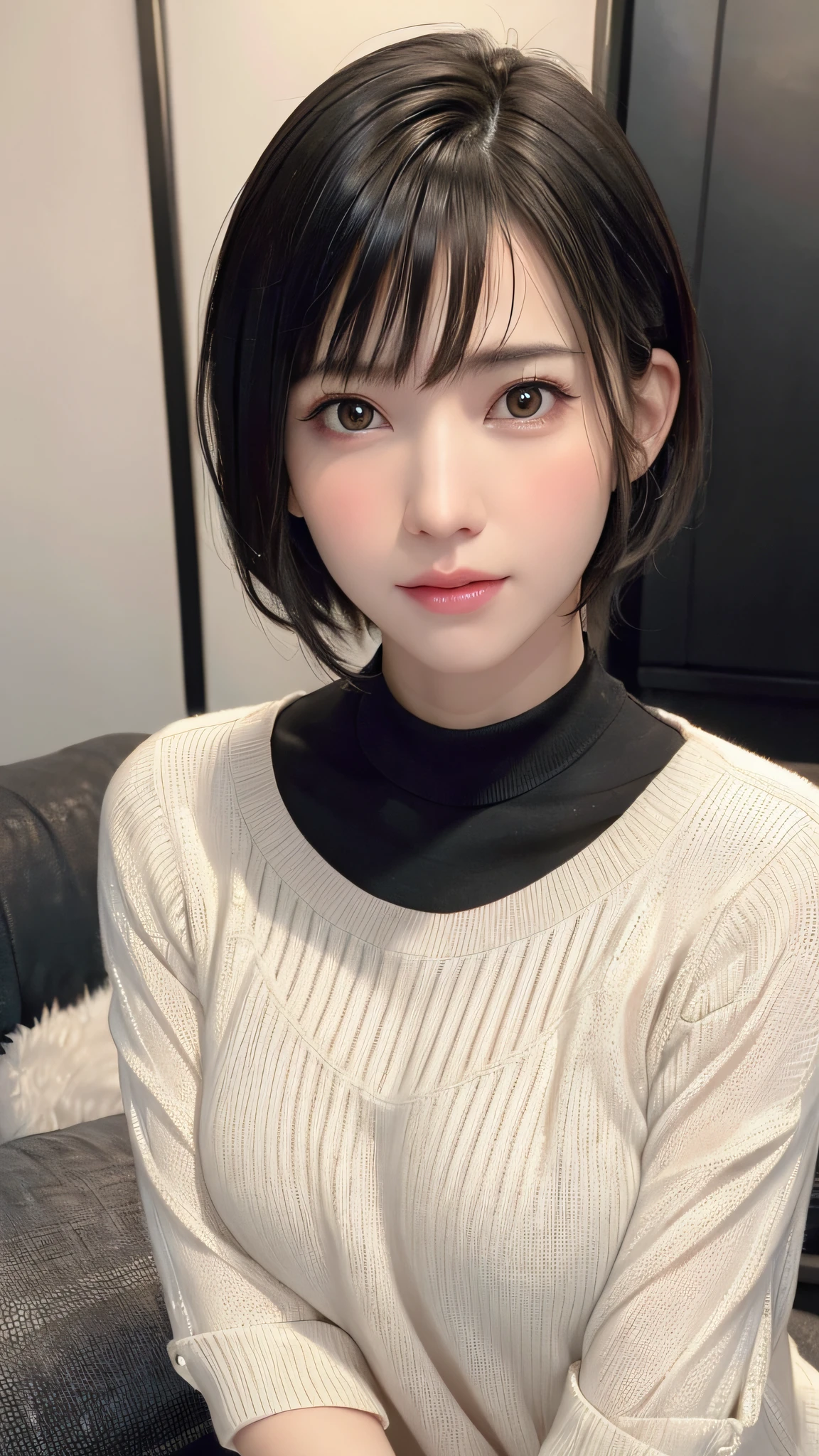 (masterpiece:1.3), (8k, photorealistic, RAW photo, best quality: 1.4), (1girl), beautiful face, (realistic face), (black hair, short hair:1.3), beautiful hairstyle, realistic eyes, beautiful detailed eyes, (realistic skin), beautiful skin, (sweater), absurdres, attractive, ultra high res, ultra realistic, highly detailed, golden ratio