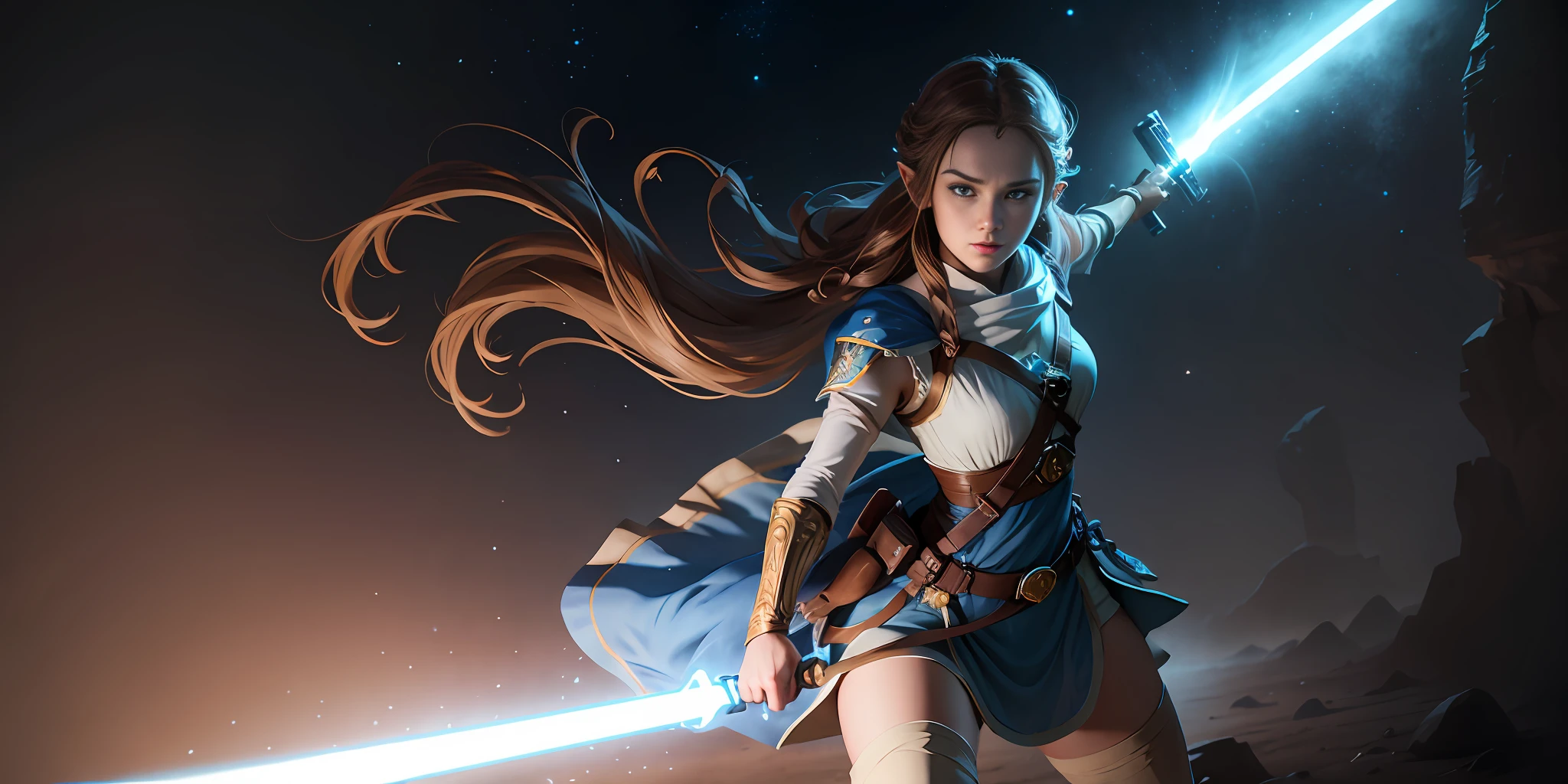 A full-body shot of Princess Zelda, brown hair, blue eyes, dressed as Rey Skywalker, 25 years old, mature, XL bust, using a blue light saber, ready to battle, fighting stance, Background: Inside a space station, Unreal Engine 5, Anime, Anime style, Masterpiece, Well drawn eyes, well drawn face, well detailed eyes, well detailed face, 8k, light and shadow effect.