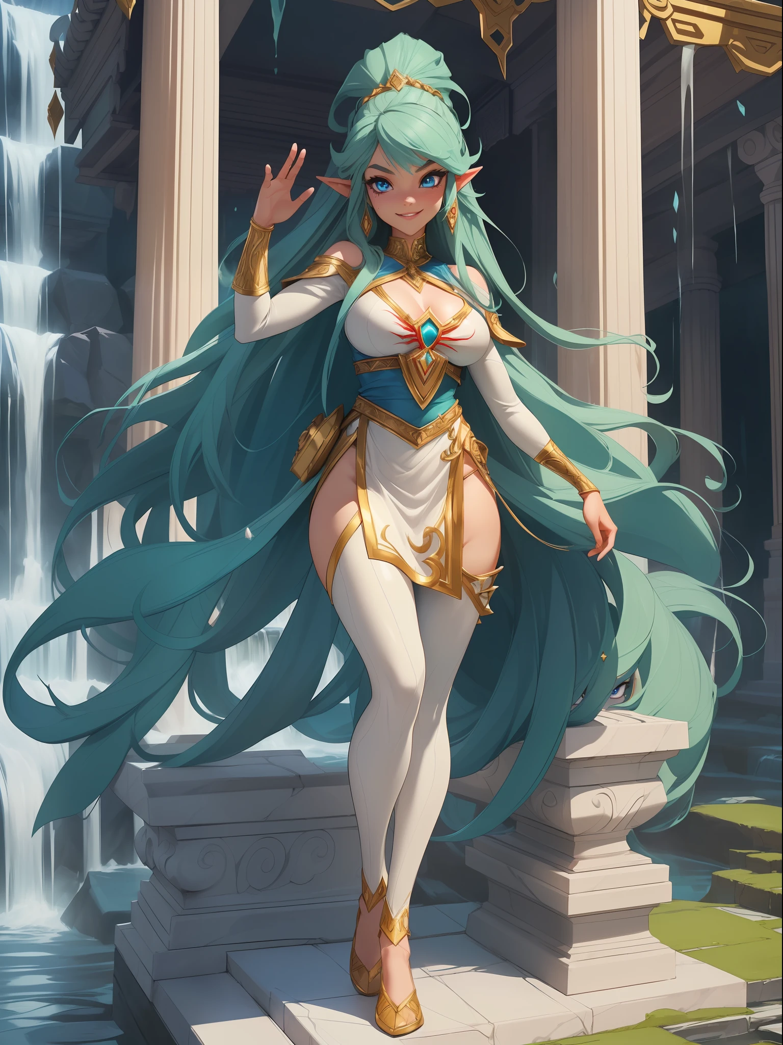 (full body photo:1.5), ((Princess Zelda)), (standing, standing, alone:1.5) ,(large breasts:1.5), (wearing the costumes of Spider-Man/extremely tight on the body:1.5), (she is inside a temple with several waterfalls and white marble pedestals:1.5), she has (blue eyes, dark green mohawk hair:1.5), (is smiling, looking at the viewer. exhibitionist pose:1.5), anime style, 16k, best quality, high details, textured skin, UHD, masterpiece, anatomically correct