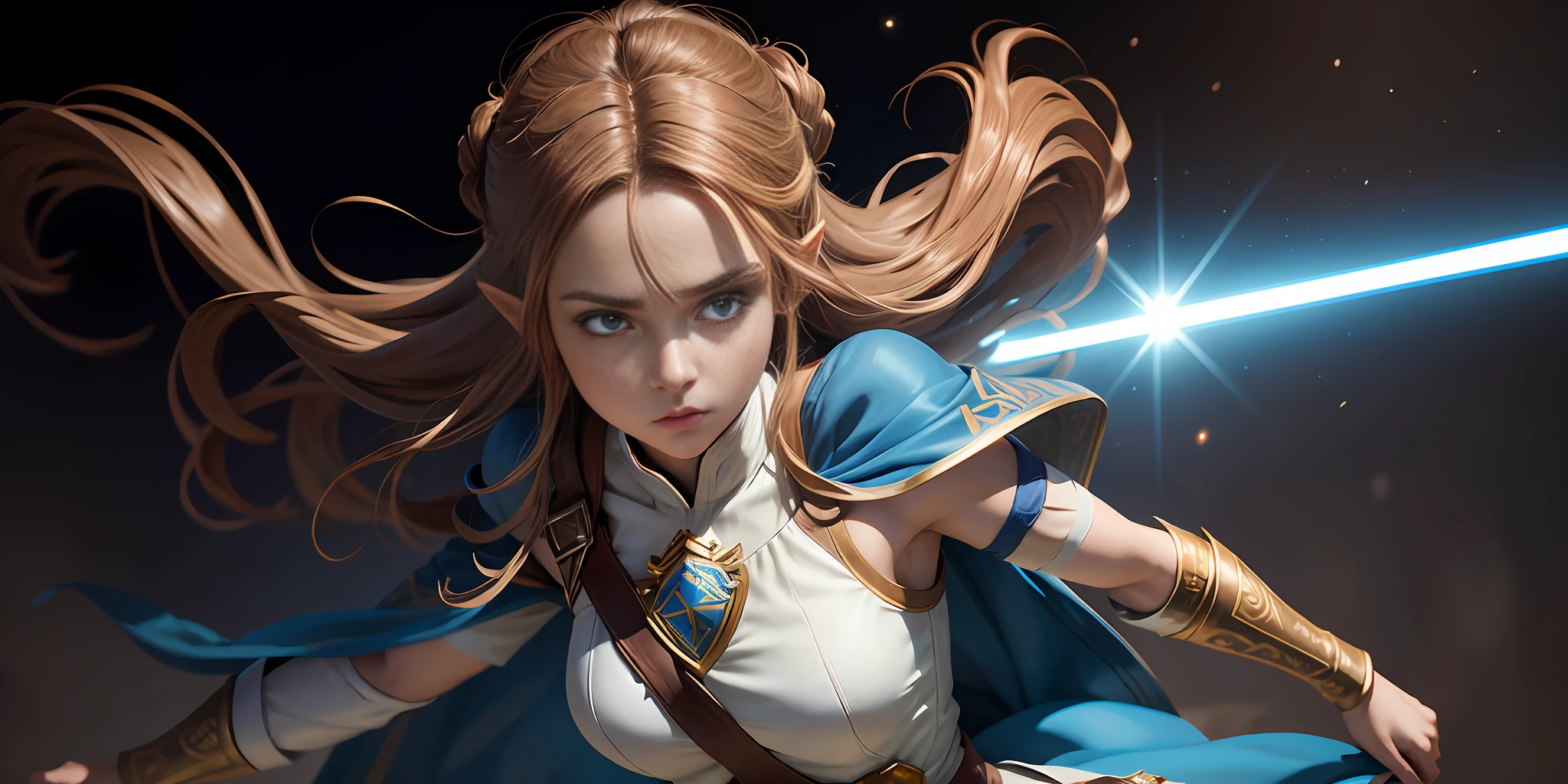 A full-body shot of Princess Zelda, brown hair, blue eyes, dressed as Rey Skywalker, 25 years old, mature, XL bust, using a blue light saber, ready to battle, fighting stance, Background: Inside a space station, Unreal Engine 5, Anime, Anime style, Masterpiece, Well drawn eyes, well drawn face, well detailed eyes, well detailed face, 8k, light and shadow effect.