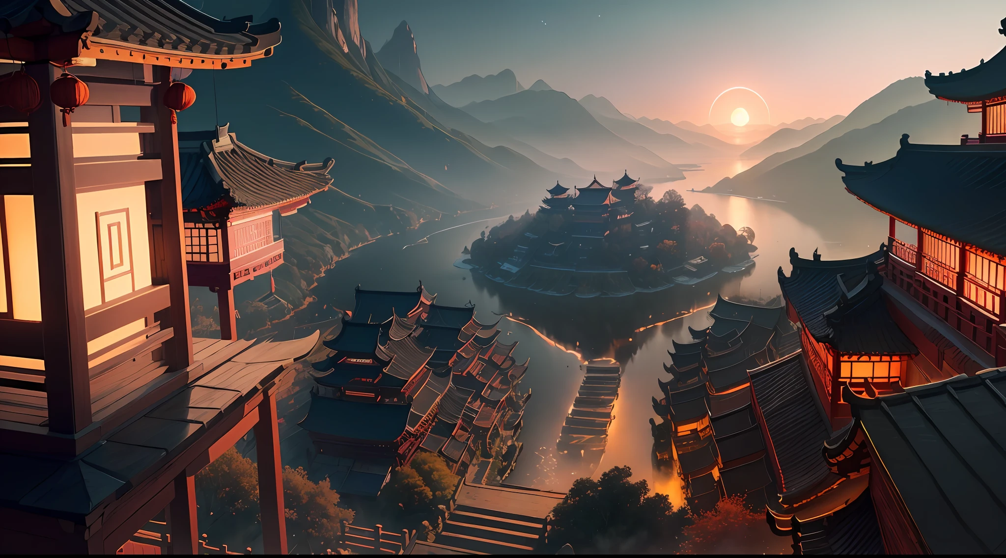 ( ( Top view, high angle view, Focal point composition) ) , Sunset Gradient, moonlit night, halo, beautiful play of shadow, light effects, (Autumn),(many raditional Chinese architecture on a floating island), there are many scattered buildings, waterfall, clouds, group of buildings, sky lanterns, high mountains, soft color, refreshing, beautiful, Chinese landscape painting, cinematic lighting, cinematic lighting, high detail, (close-up), (chiaroscuro),fine facial details,cinematic lighting, (depth of field), extreme details, realistic light, epic composition, (complex details), (super details: 1.2), Art Station, (Masterpiece, Best Quality, Ultra HD, 32k, --v6