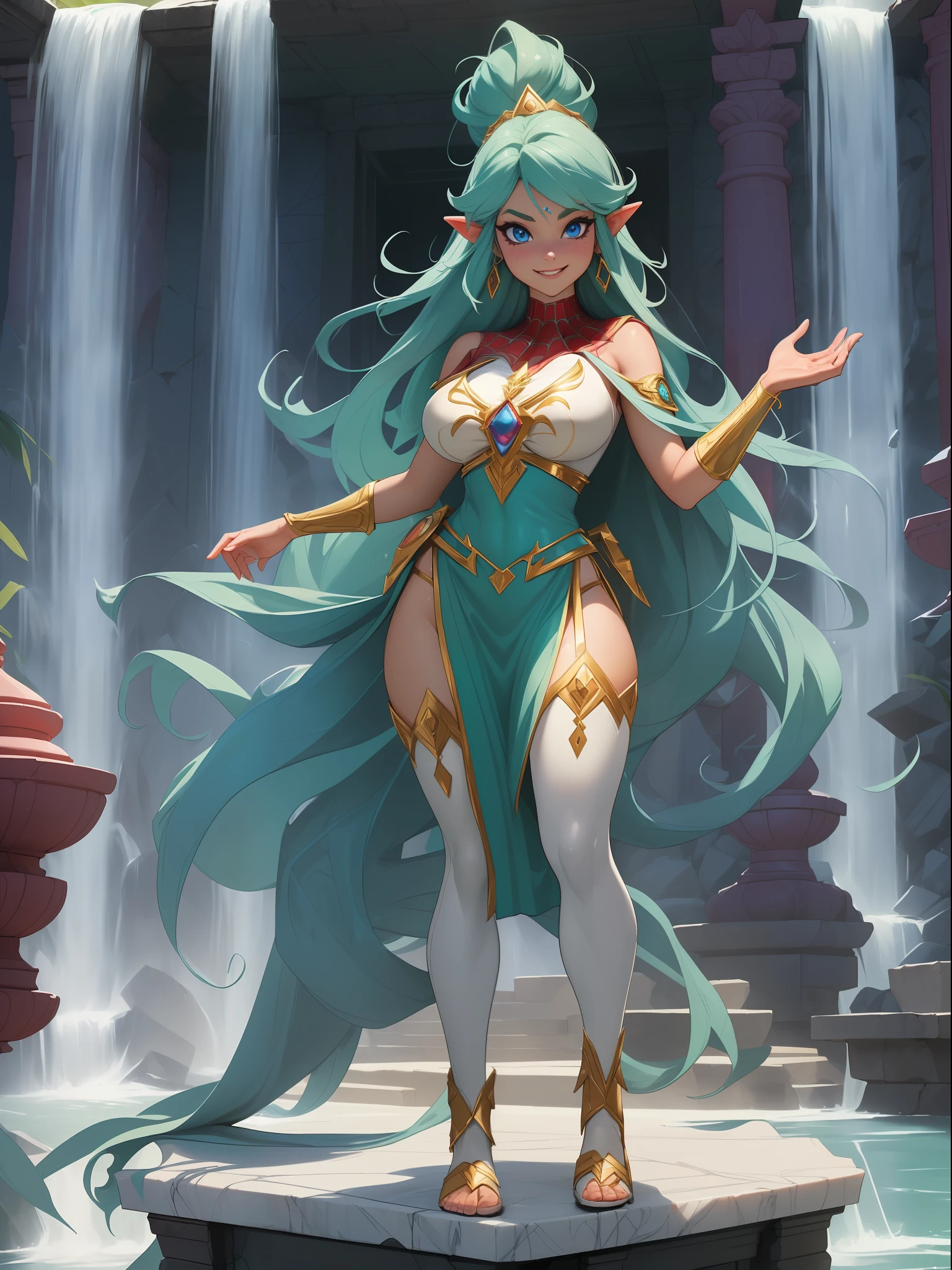 (full body photo:1.5), ((Princess Zelda)), (standing, standing, alone:1.5) ,(large breasts:1.5), (wearing the costumes of Spider-Man/extremely tight on the body:1.5), (she is inside a temple with several waterfalls and white marble pedestals:1.5), she has (blue eyes, dark green mohawk hair:1.5), (is smiling, looking at the viewer. exhibitionist pose:1.5), anime style, 16k, best quality, high details, textured skin, UHD, masterpiece, anatomically correct