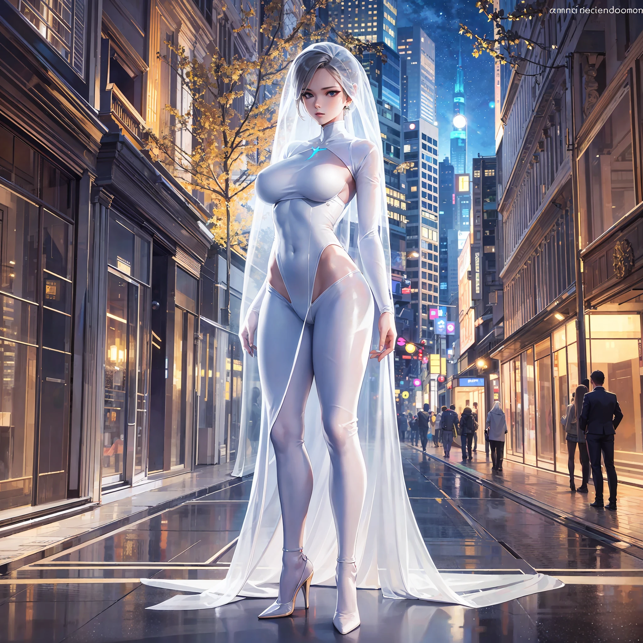 Masterpiece, a beautiful urban female model, full body white transparent clothes standing under empty night stars, disappearing transparent pants, full body standing, tall figure, slender legs, facial details, detailed body part details, 8k wallpaper
