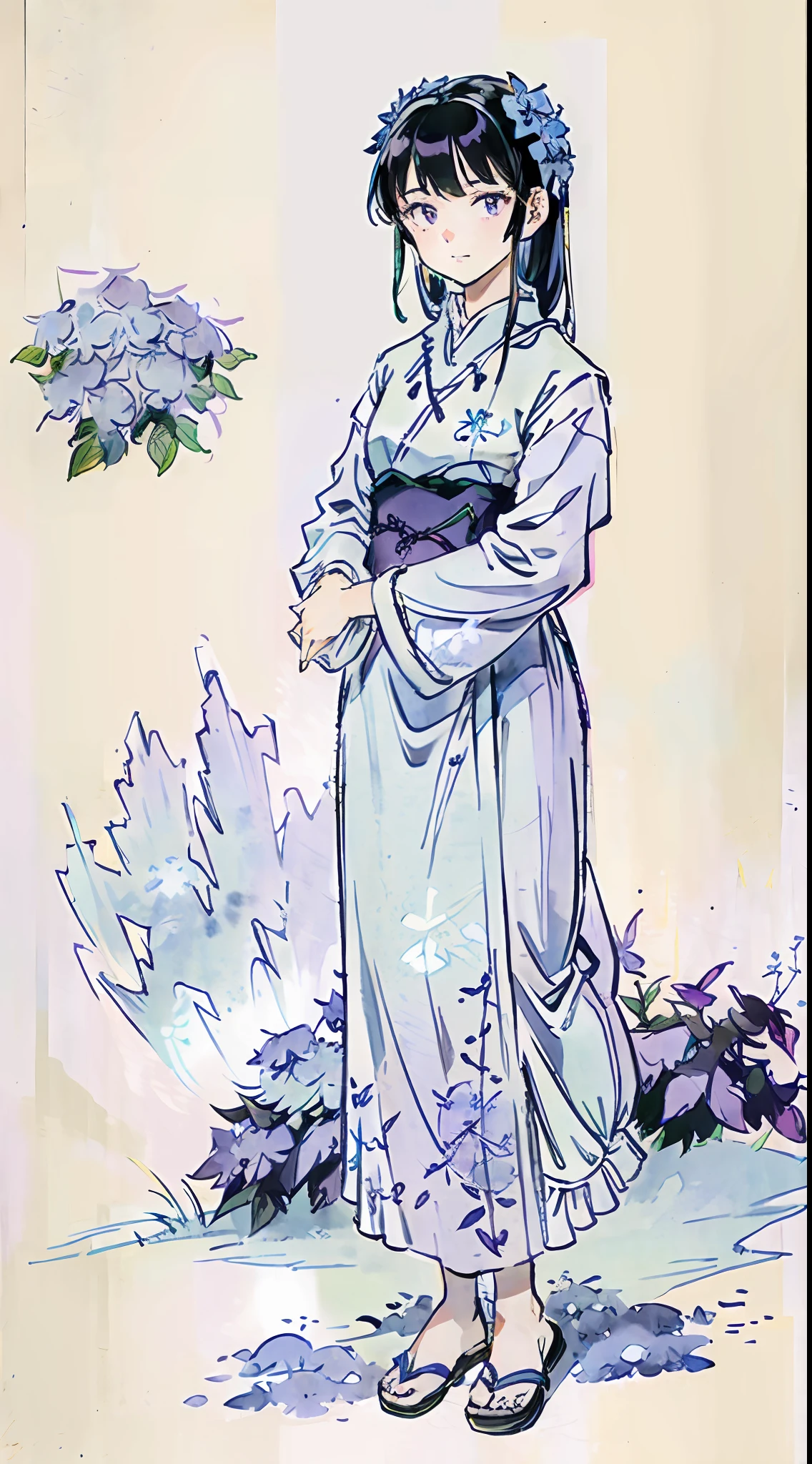 (light blue and light purple:1.2), masterpiece, best quality, absurdres, HDR, blank space, 1girl, full body, traditional sandals, (shrubs of hydrangea:1.2), detailed eyes and face, realistic pupils, simple background, pitch black hair, watercolor, ink wash, Gao Jianfu