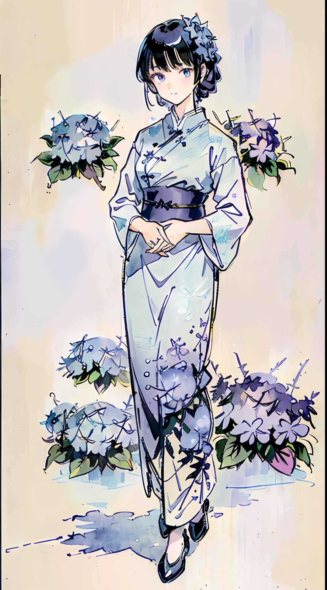 (light blue and light purple:1.2), masterpiece, best quality, absurdres, HDR, blank space, 1girl, full body, (shrubs of hydrangea:1.2), detailed eyes and face, realistic pupils, simple background, pitch black hair, watercolor, ink wash, Gao Jianfu