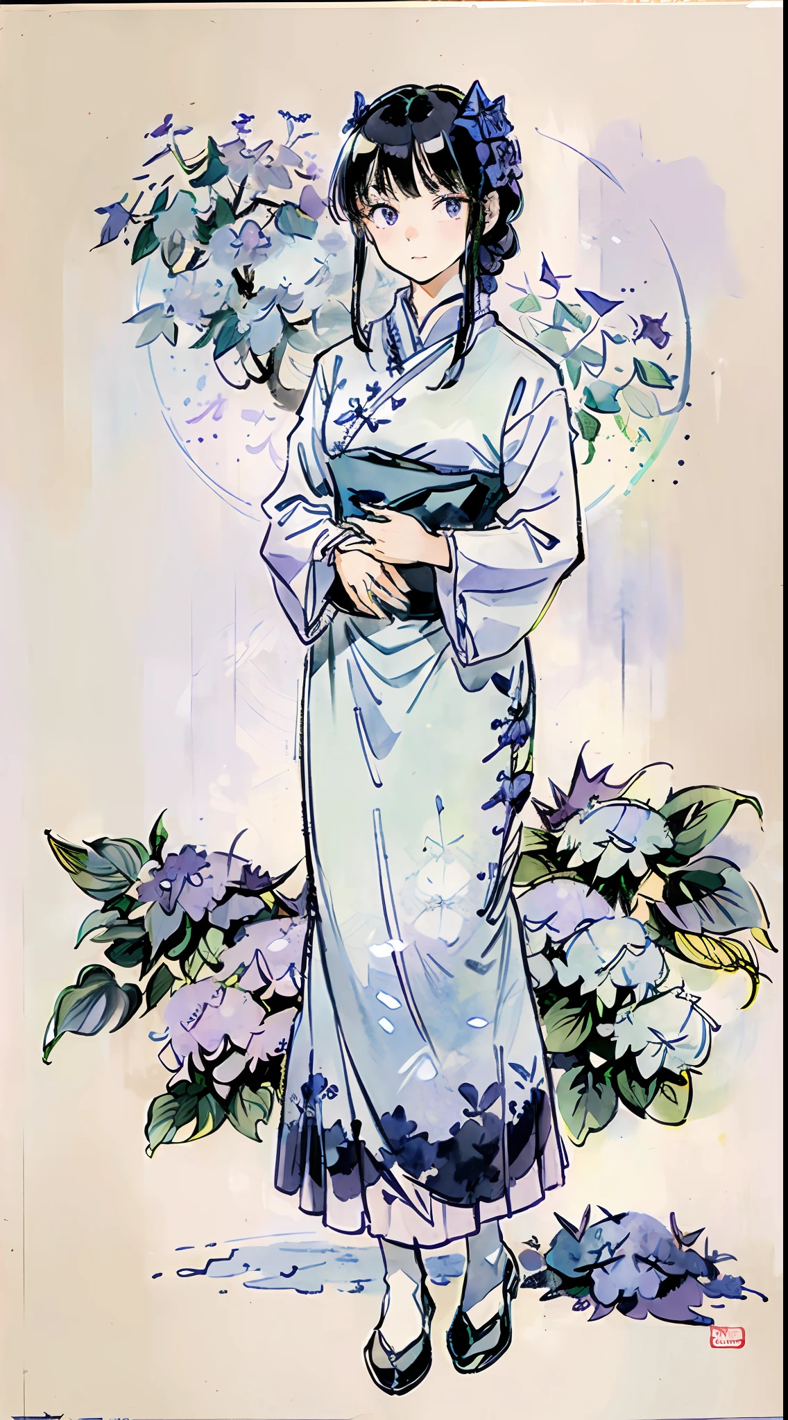 (light blue and light purple:1.2), masterpiece, best quality, absurdres, HDR, blank space, 1girl, full body, (shrubs of hydrangea:1.2), detailed eyes and face, realistic pupils, simple background, pitch black hair, watercolor, ink wash, Gao Jianfu