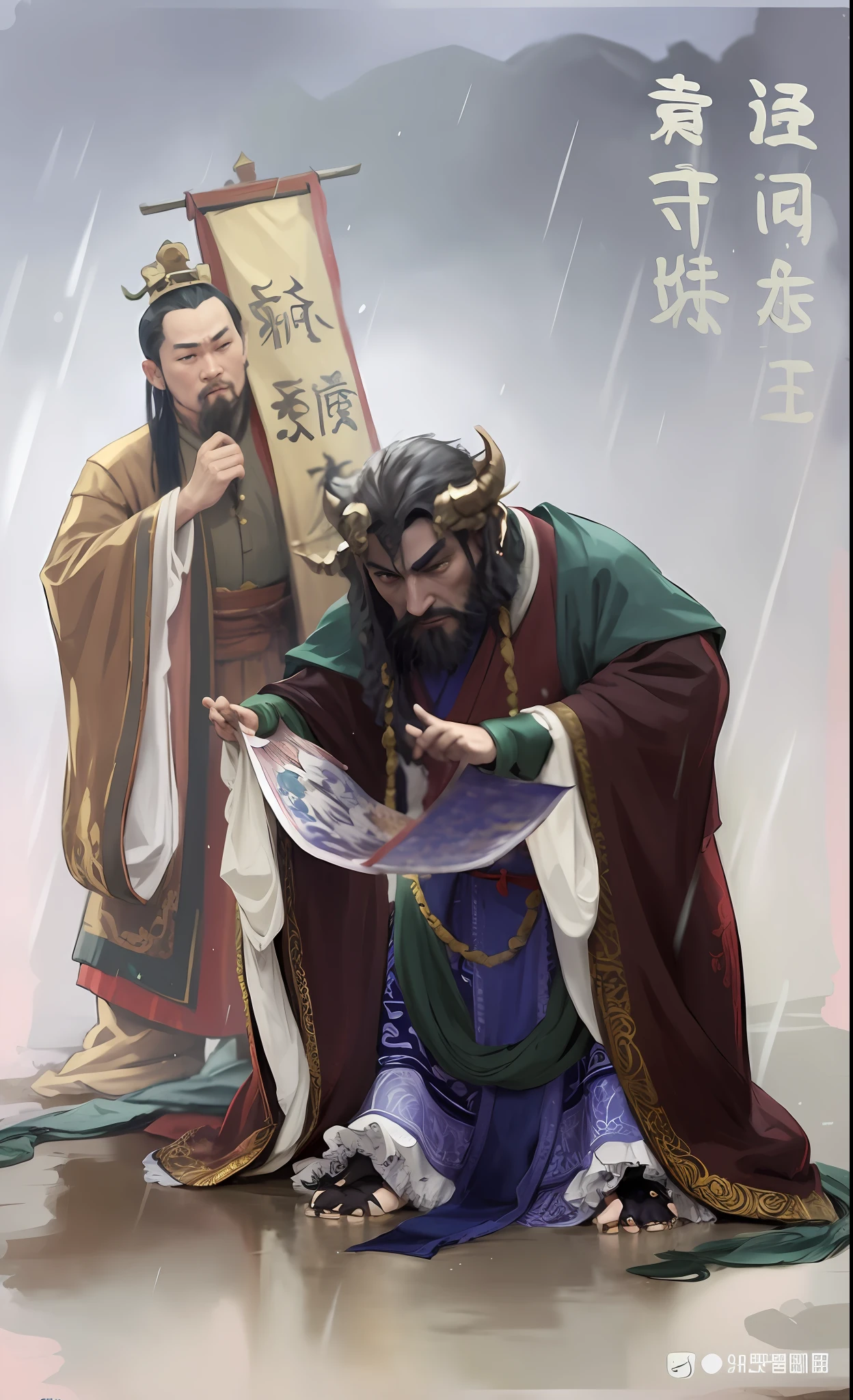 Man in traditional costume and dragon king in the rain, Chinese mythology