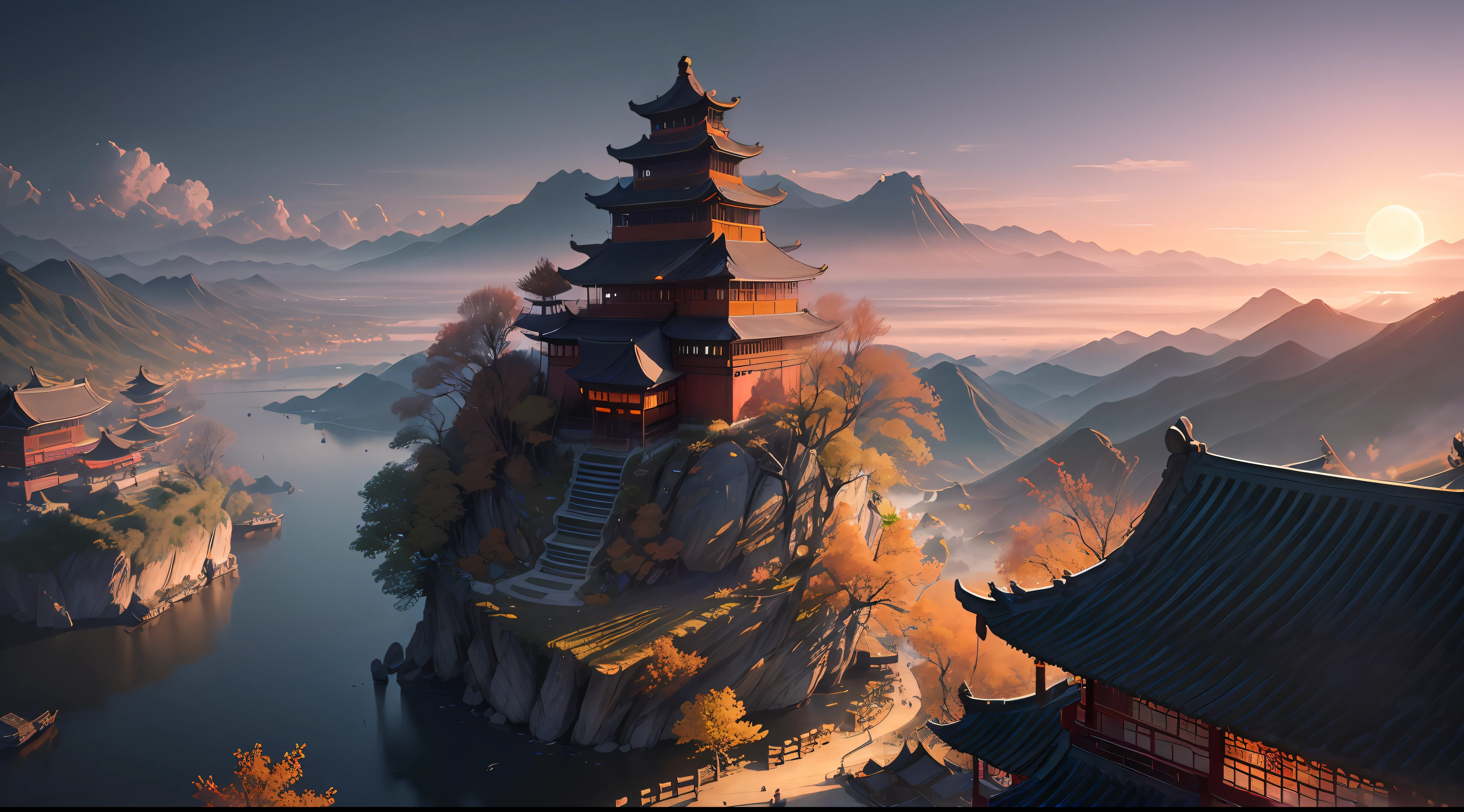( ( Top view, high angle view, Focal point composition) ) , Sunset Gradient, moonlit night, halo, beautiful play of shadow, light effects, (Autumn),(many raditional Chinese architecture on a floating island), there are many scattered buildings, waterfall, clouds, group of buildings, sky lanterns, high mountains, soft color, refreshing, beautiful, Chinese landscape painting, cinematic lighting, cinematic lighting, high detail, (close-up), (chiaroscuro),fine facial details,cinematic lighting, (depth of field), extreme details, realistic light, epic composition, (complex details), (super details: 1.2), Art Station, (Masterpiece, Best Quality, Ultra HD, 32k, --v6