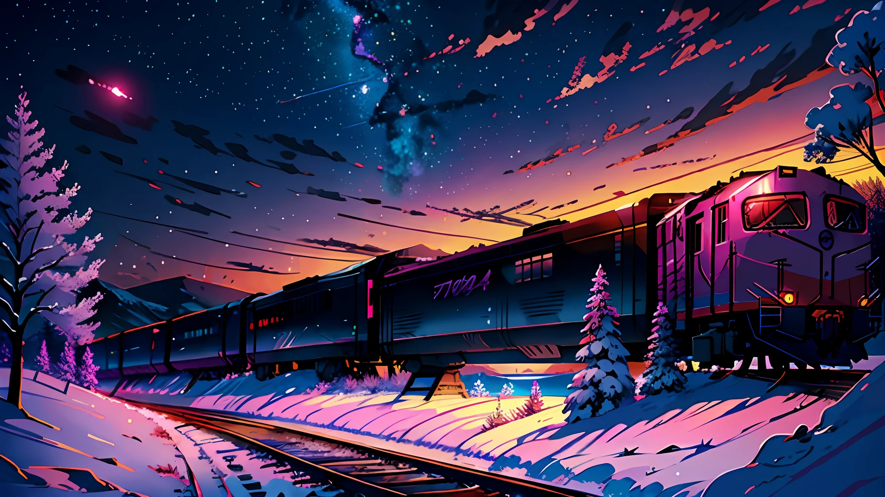 anime scenery of a huge train running on a vast winter plains under a starry night, purple pink sky, half moon, BREAK winter, snowy,train focus, view from under , anime art wallpaper 4k, anime clouds, makoto shinkai cyril rolando, by sylvain sarrailh, anime art wallpaper 8 k, 4k highly detailed digital art,