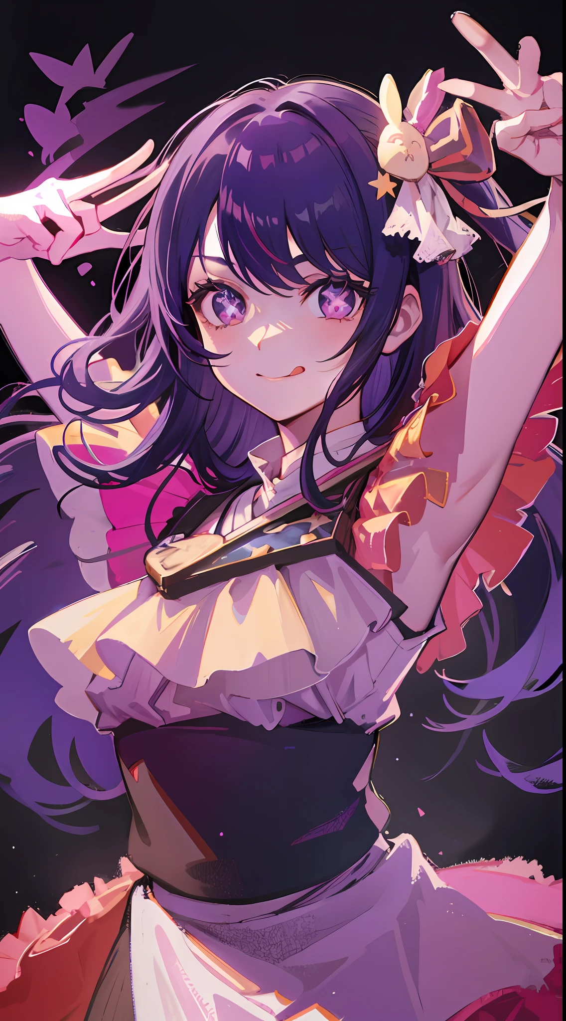 HshinoAi,gloves, tongue out, tongue, long hair, star \(symbol\), looking at viewer, (purple hair:1.2), purple eyes, upper body, hair ornament, frills, pink shirt, smile, sleeveless, shirt, idol, symbol-shaped pupils, hands up, bangs, one side up, star-shaped pupils, arms up, dress pull,Roaring Twenties, isometric, cliff, 1girl, (Rembrandt), illustration, (best quality), (ultra_detailed), finely detail, (Depth of field), peace sign, highest quality, high resolution. dynamic, shout, kiss, hustle, striking eyes, confident lol, overhead view, high resolution, profoto, stage, flash, 1girl, solo, Japanese manga idol singer, upper body, standing microphone,