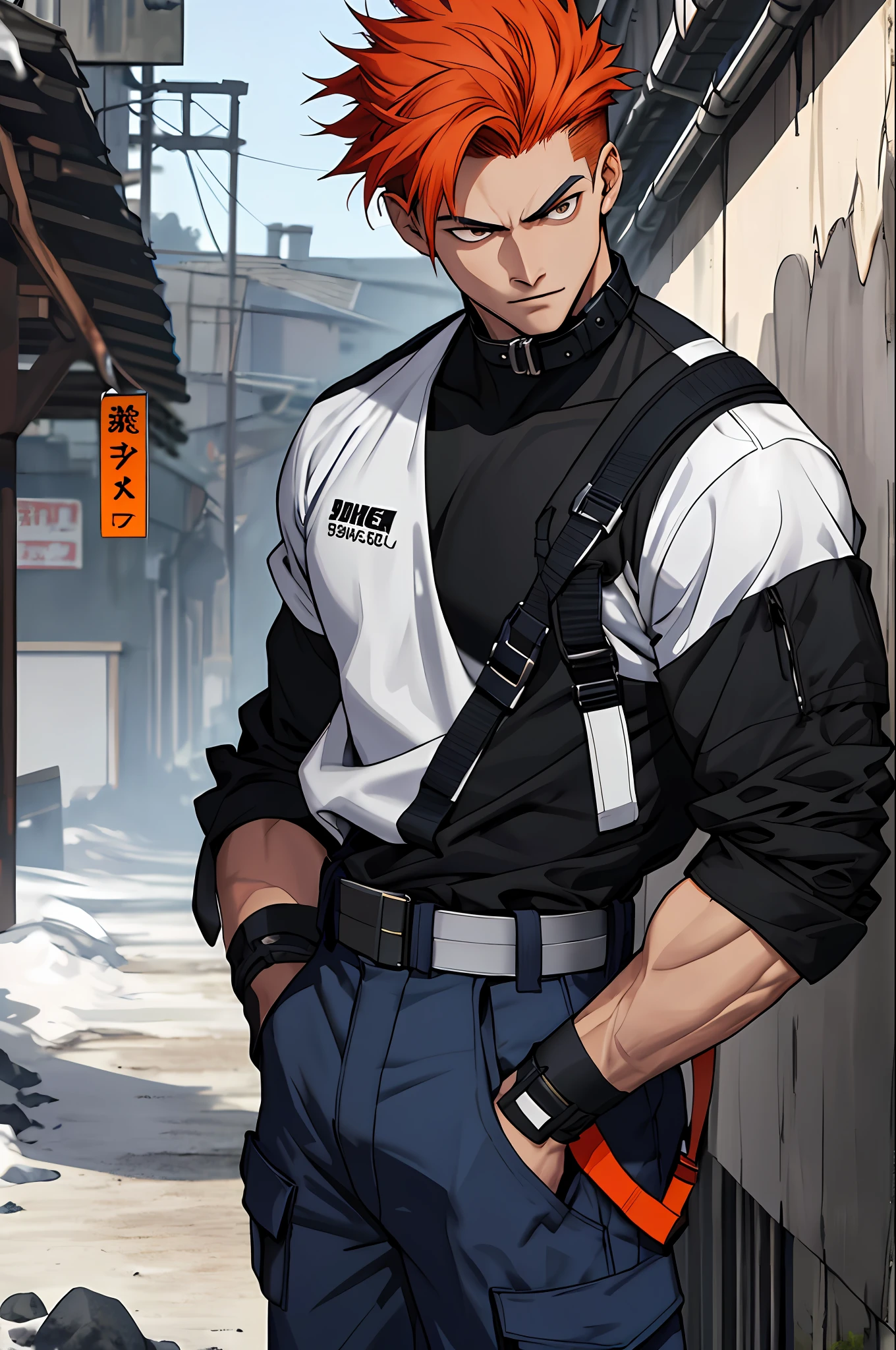 He is male, 16 years old, his height is 1.85, tall man, white skin color, black eyes, marked eyes, defined athletic body, full body vision, black shirt sticker, manga up to the shoulder, collar covers the neck, v-detail on the collar, gray blue pants, detailed black boots with the blue thistles, training band at the waist,  orange red hair, superiority pose, is looking at the camera, serious face of challenge, penetrating combat look, definition in body, shape, maximum detail, in 4k, black gloves not not with golden details, well defined and trained muscles, pocket in pants, details of lines in the blouse, big hair up to the shoulder, hair with movement in the wind,  masterpiece.