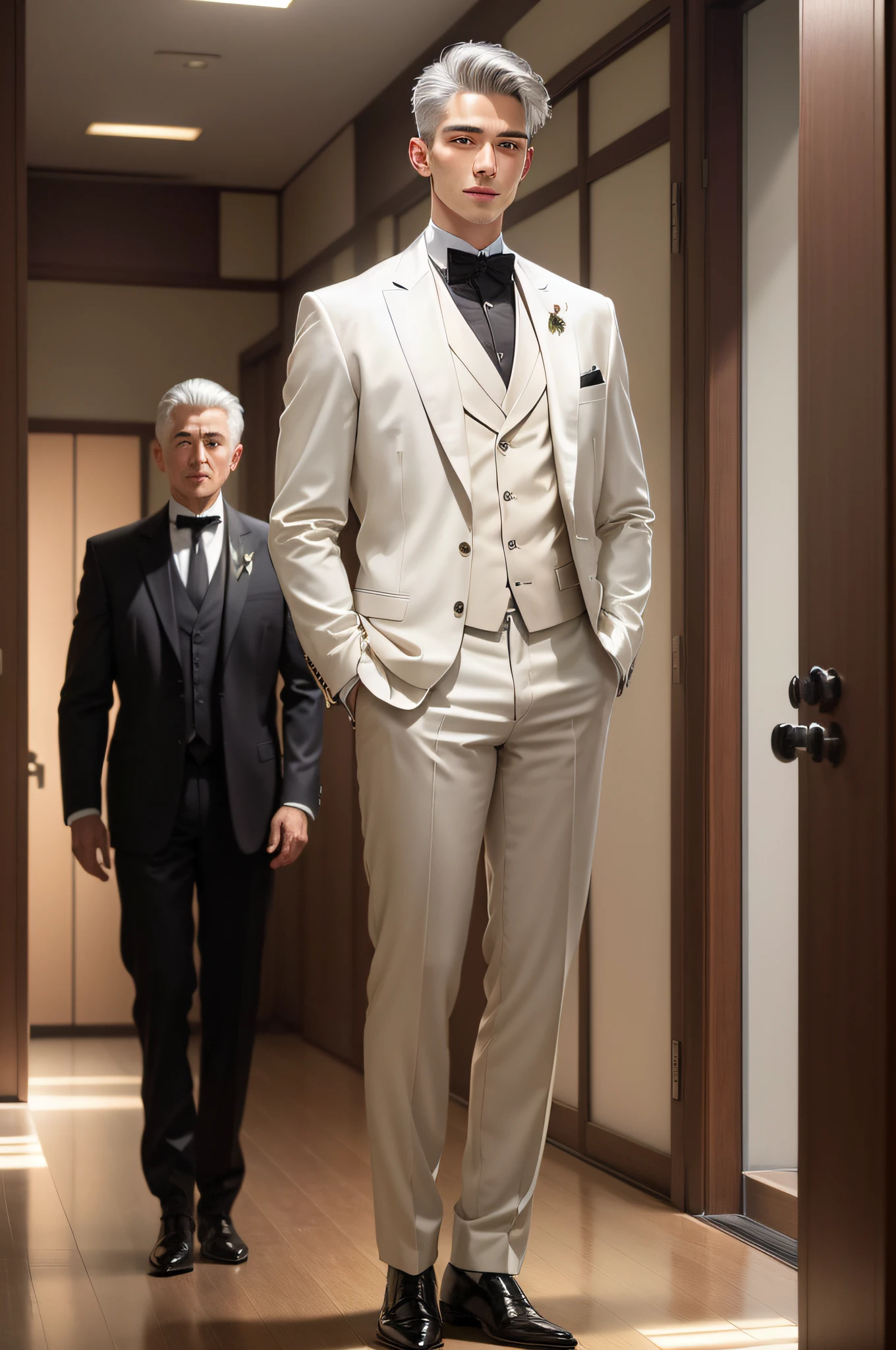 (highest resolution, distinct_image) best image quality, young male divine masterpiece, high detail, semi-realistic, short gray hair, gray hair, bangs, 20 years old, young, tall and strong, wearing a white tuxedo, smile, cold, serious, tall and handsome, authoritative, powerful, delicate facial features, exquisite facial features, wearing leather shoes, upright, being in a well-lit place, Japan people, Exposed to the sun's rays
