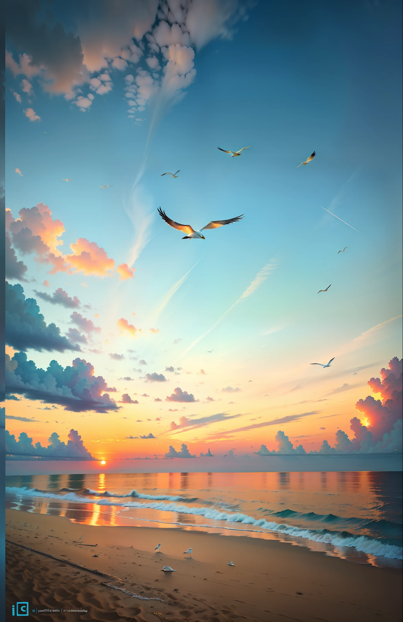 ((Best Quality)), ((Masterpiece)), (Details: 1.4), absolutely mesmerizing sunsets on the beach with a mix of orange, pink and yellow in the sky. The water is crystal clear, gently kissing the shore, and the white sand beach stretches as far as the eye can see. The scene is dynamic and breathtaking, with seagulls soaring high in the sky and palm trees gently swaying. Soak up the calming atmosphere and let tranquility envelop you, Perfect Proportions, Octane Render, Bicolor Light, Large Aperture, Low ISO, White Balance, Rule of Thirds, 8K RAW, PBR Texture, Post Processing, Anisotropy Filtering, Depth of Field, Maximum Clarity and Clarity,