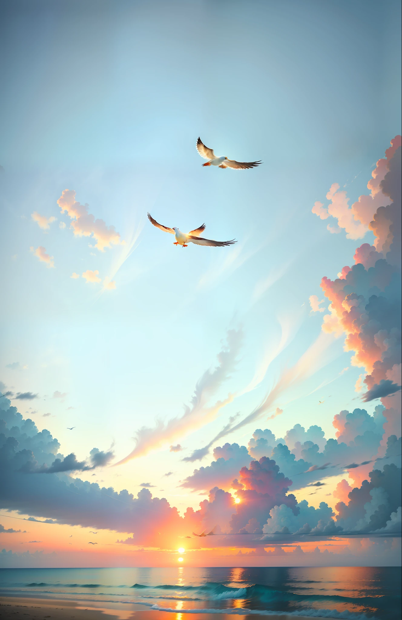((Best Quality)), ((Masterpiece)), (Details: 1.4), absolutely mesmerizing sunsets on the beach with a mix of orange, pink and yellow in the sky. The water is crystal clear, gently kissing the shore, and the white sand beach stretches as far as the eye can see. The scene is dynamic and breathtaking, with seagulls soaring high in the sky and palm trees gently swaying. Soak up the calming atmosphere and let tranquility envelop you, Perfect Proportions, Octane Render, Bicolor Light, Large Aperture, Low ISO, White Balance, Rule of Thirds, 8K RAW, PBR Texture, Post Processing, Anisotropy Filtering, Depth of Field, Maximum Clarity and Clarity,